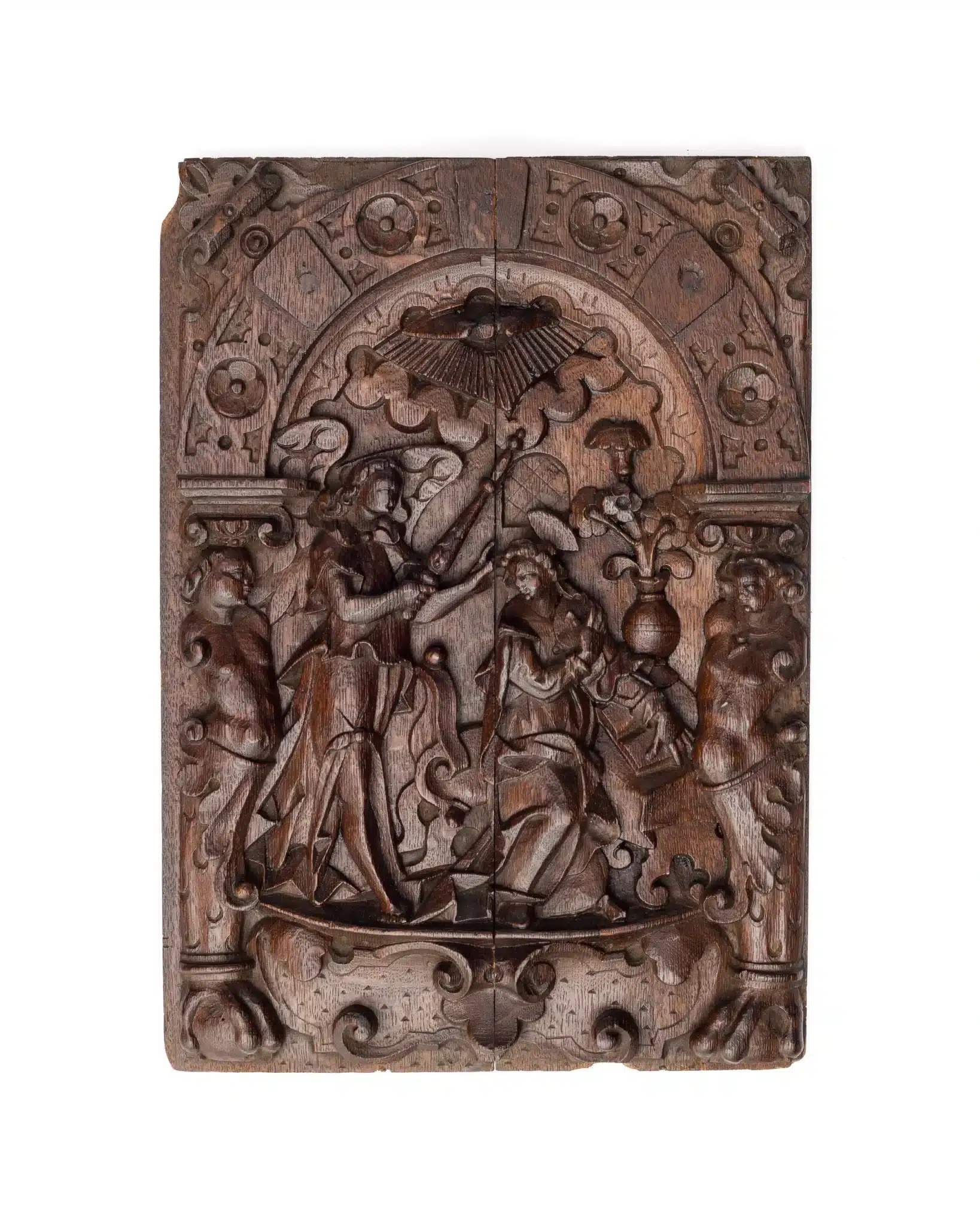 Annunciation carved oak panel