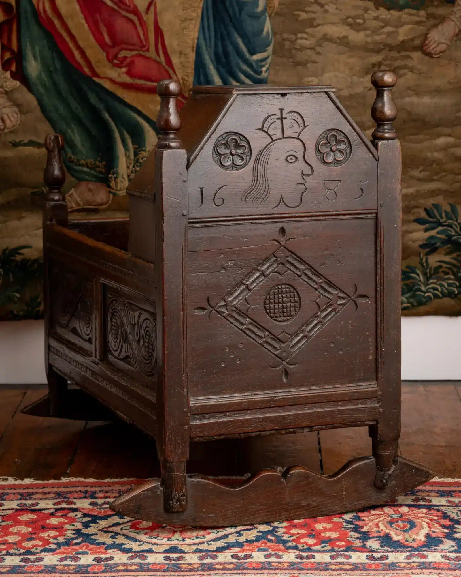 Charles II joined oak rocking cradle, dated 1685