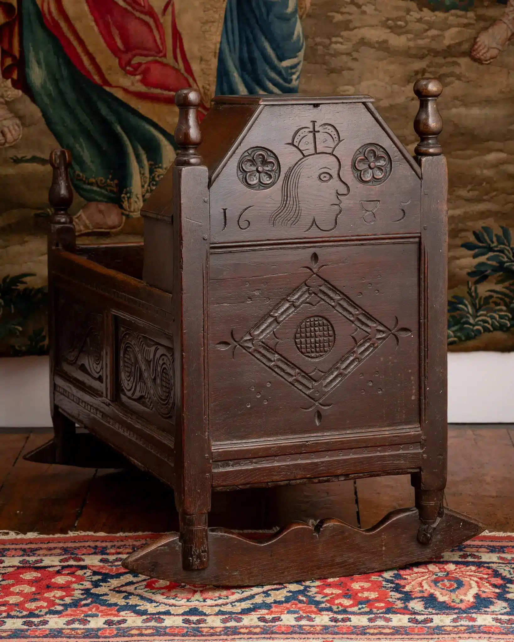 Charles II joined oak rocking cradle, dated 1685
