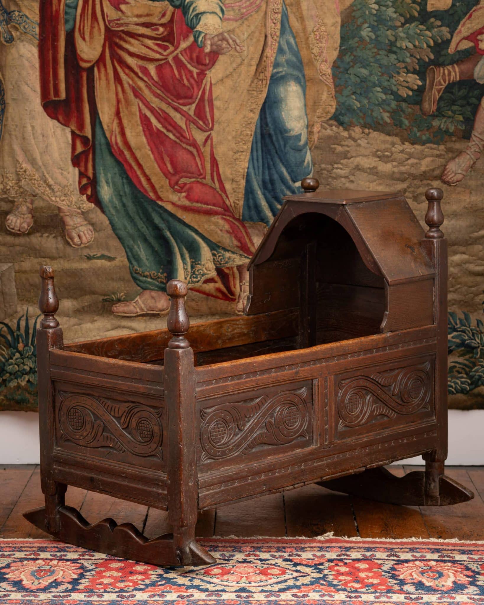 Charles II joined oak rocking cradle, dated 1685