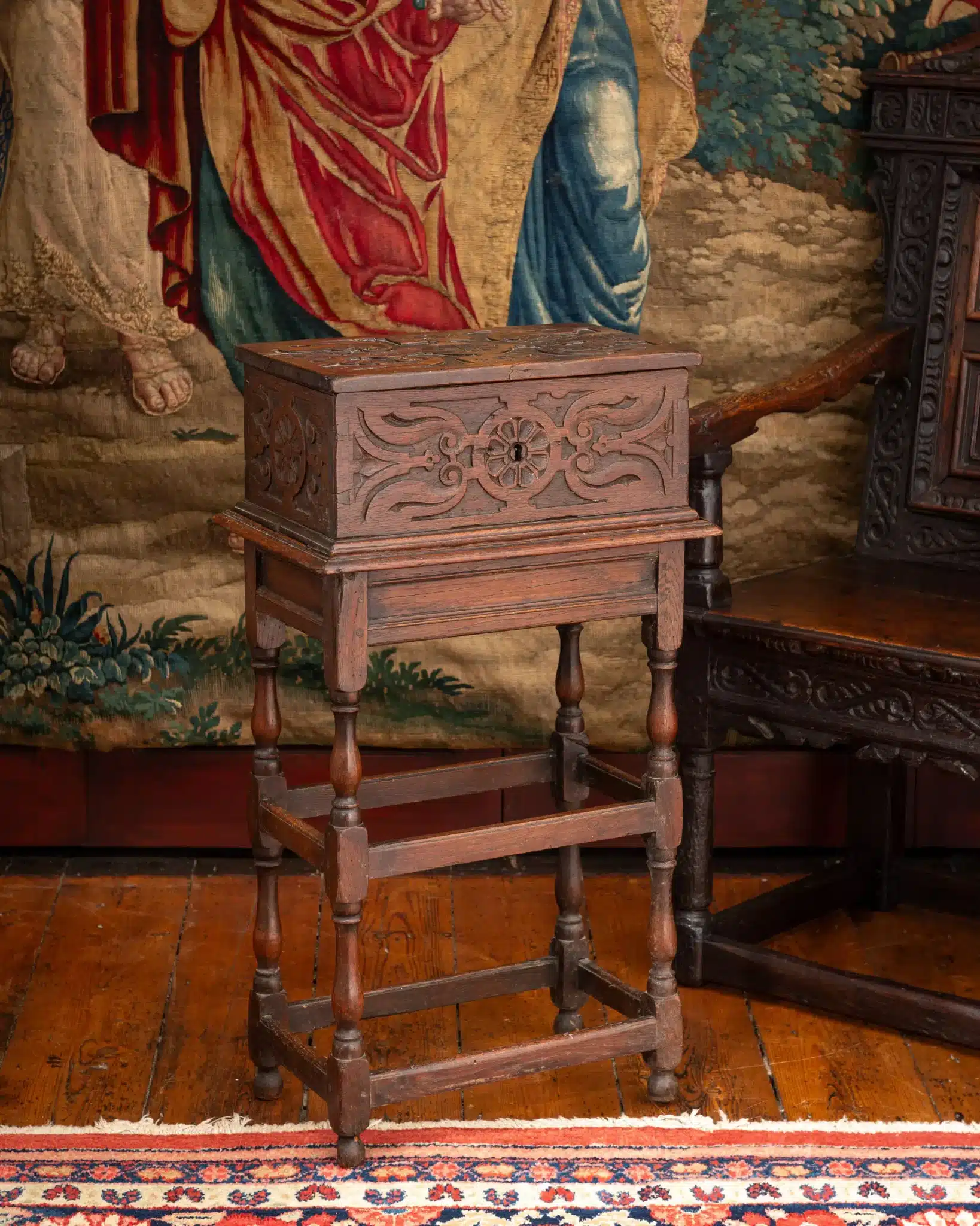 Charles II Carved Oak Box on its Original Detachable Stand