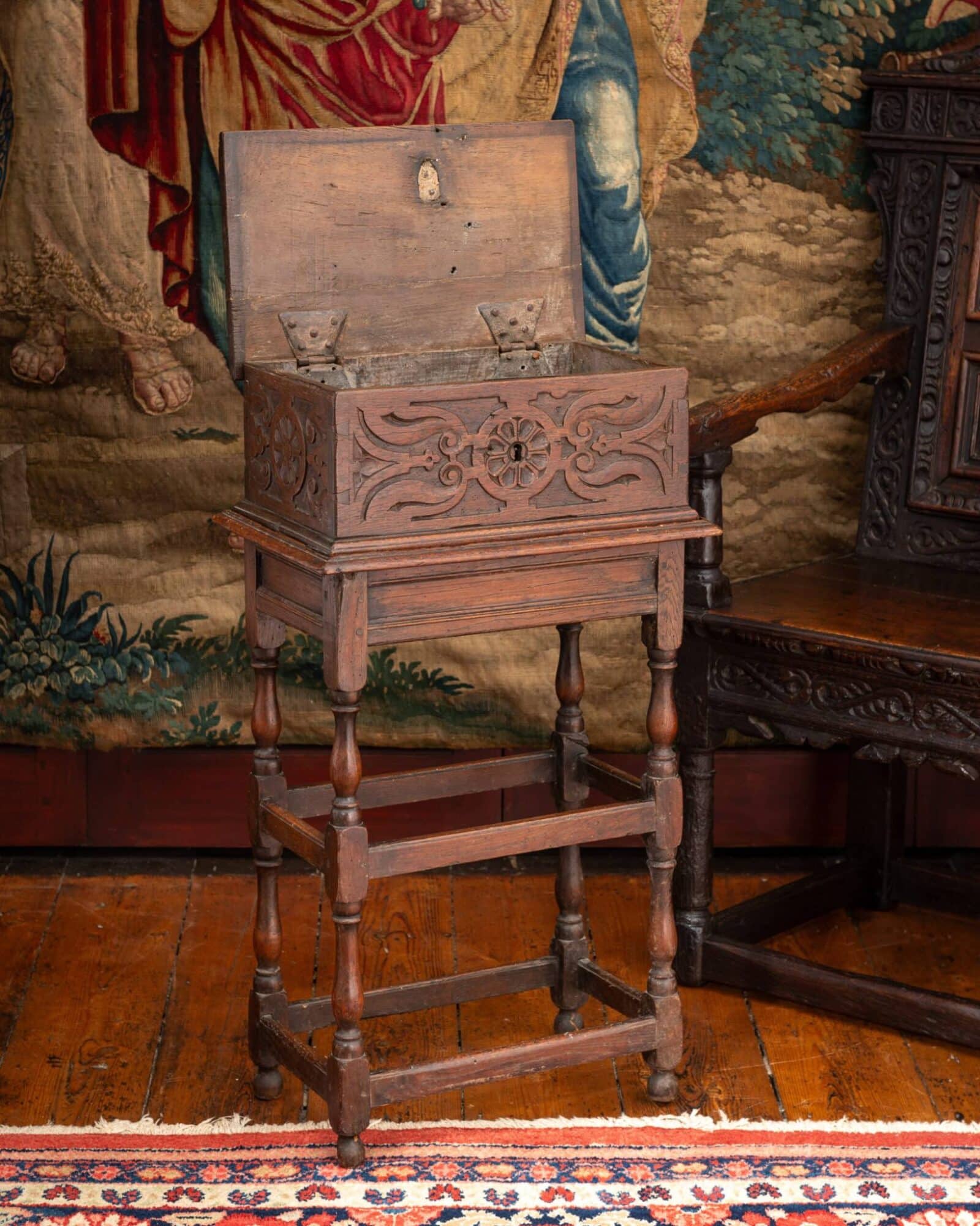 Charles II Carved Oak Box on its Original Detachable Stand