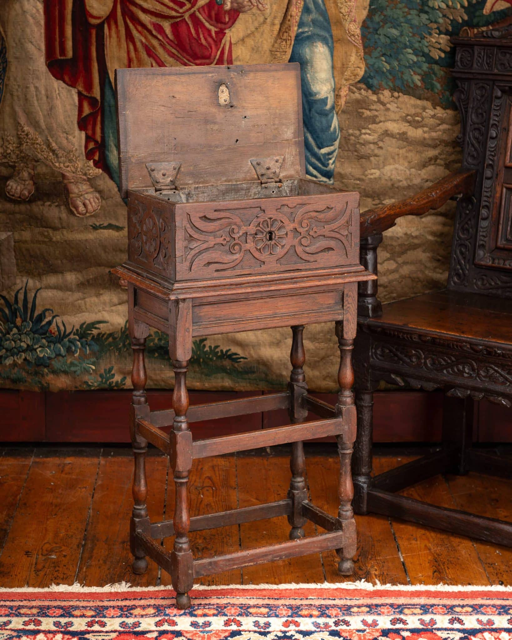 Charles II Carved Oak Box on its Original Detachable Stand