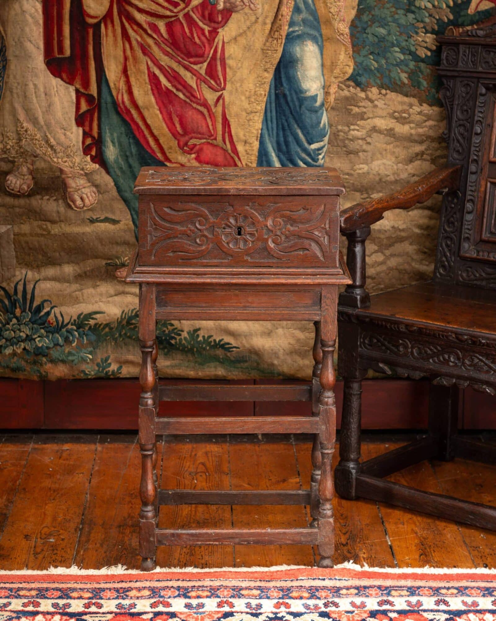 Charles II Carved Oak Box on its Original Detachable Stand