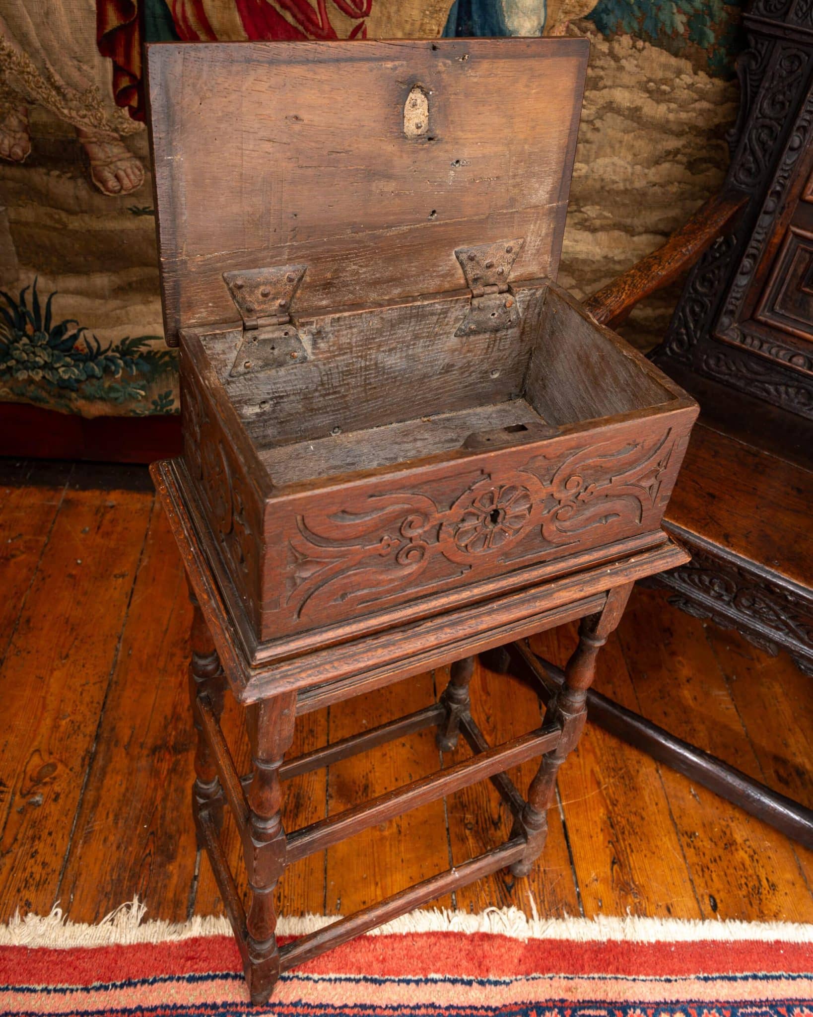 Charles II Carved Oak Box on its Original Detachable Stand