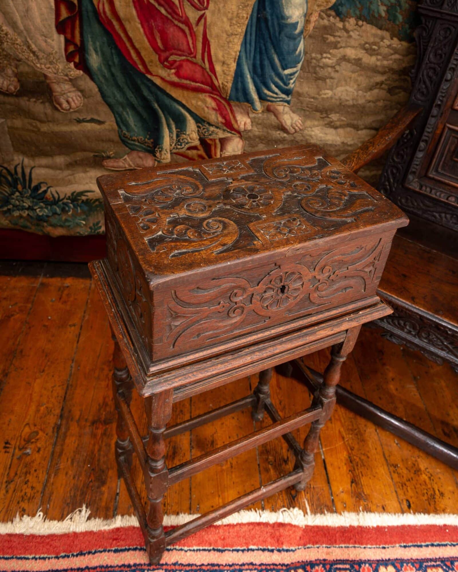 Charles II Carved Oak Box on its Original Detachable Stand