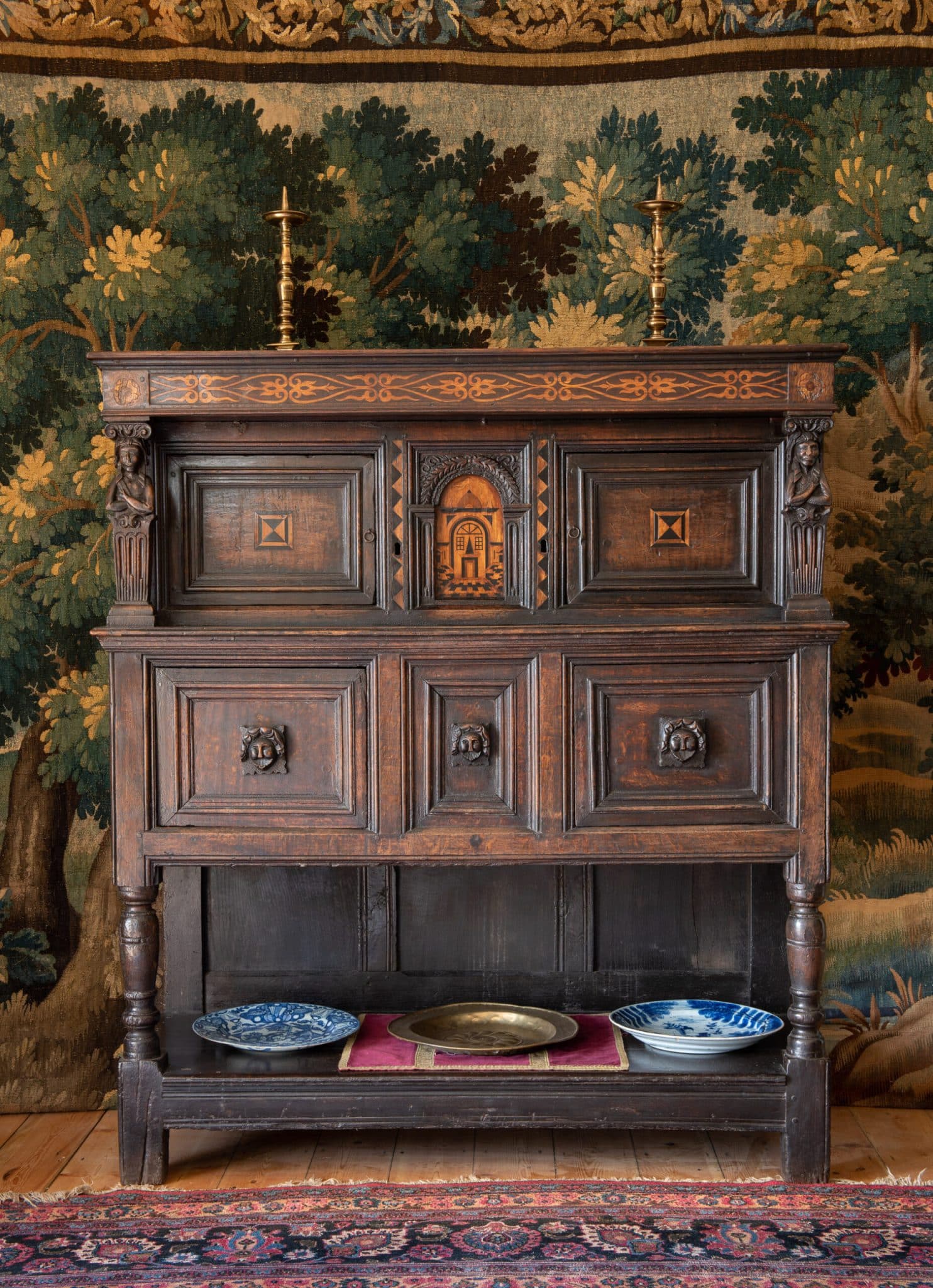 Elizabeth I oak inlaid press cupboard
