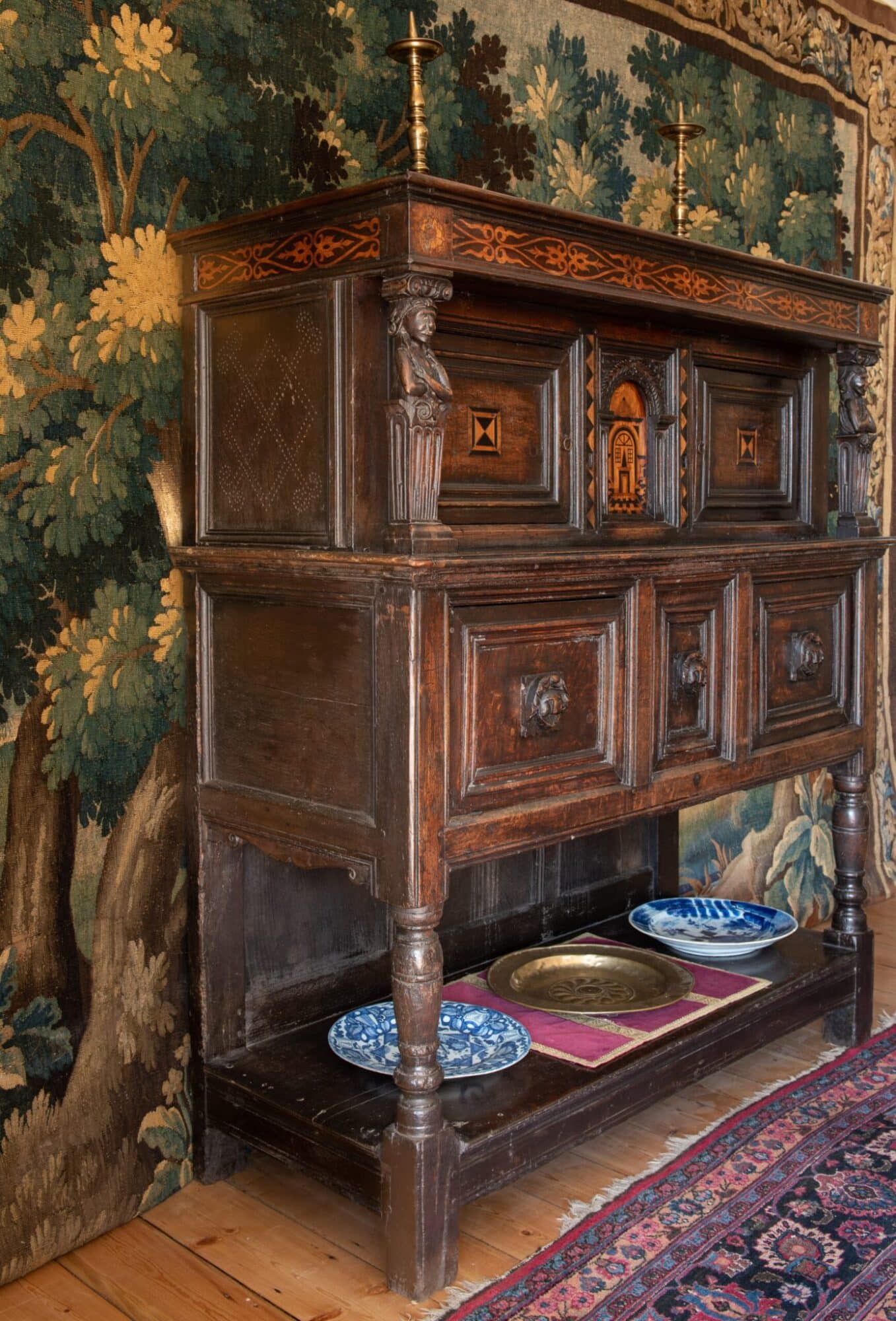 Elizabeth I oak inlaid press cupboard