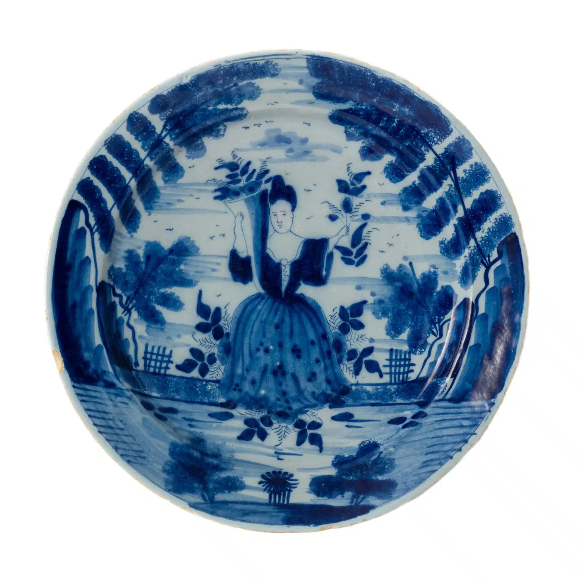 English Delftware Plate Depicting a Flower Gatherer
