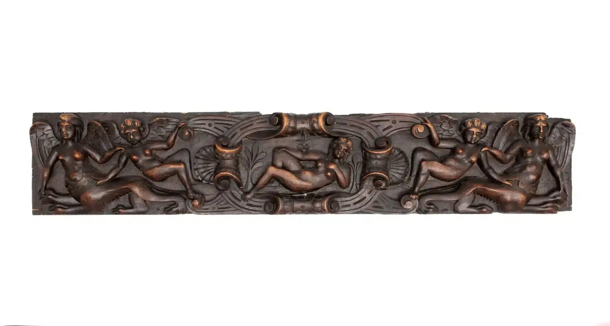 Flemish Carved Walnut Panel with Hybrid Guardians and Reclining Venus