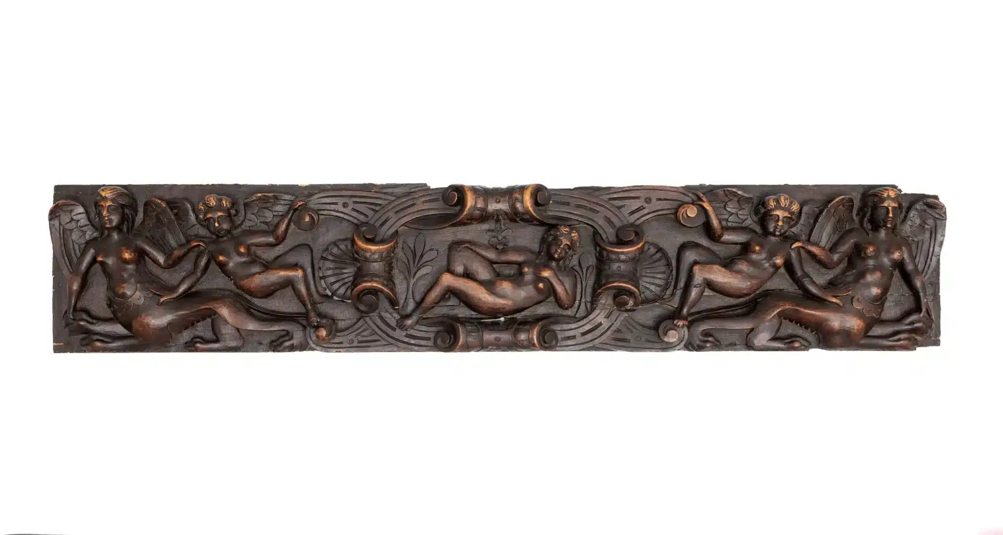 Flemish Carved Walnut Panel with Hybrid Guardians and Reclining Venus