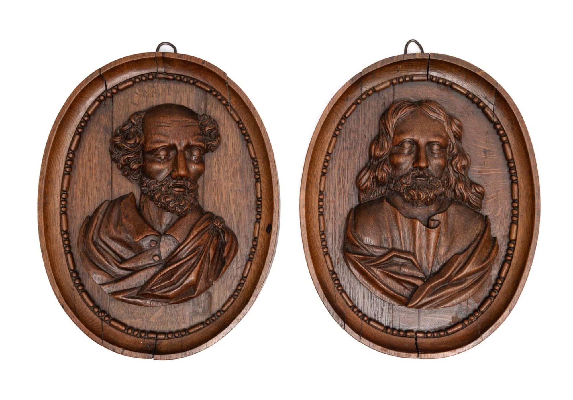 Pair of Dutch Oak Carved Portrait Panels of Christ and St. Peter