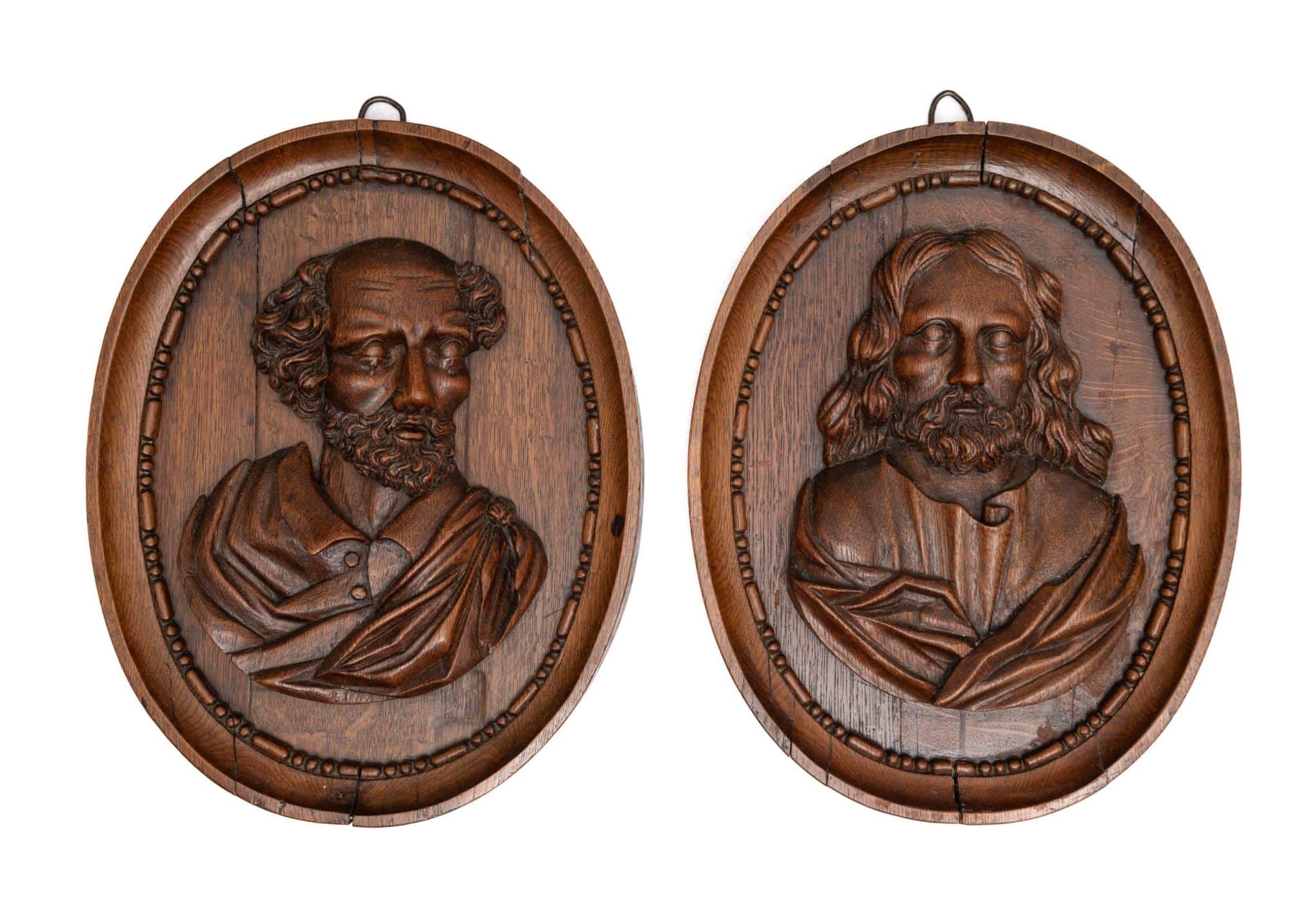 Pair of Dutch Oak Carved Portrait Panels of Christ and St. Peter
