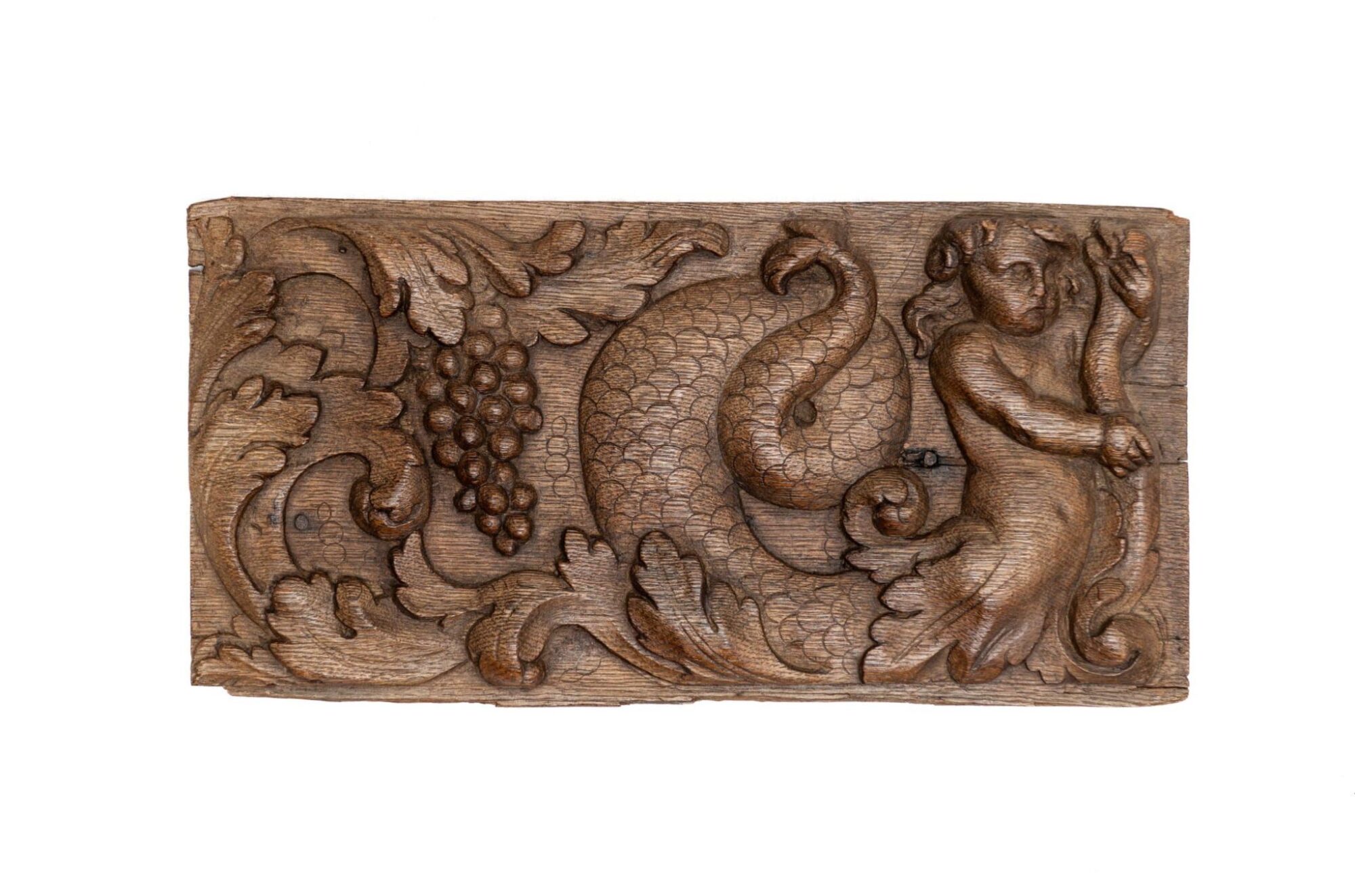 Dutch Carved Oak Panel of a Merman with Serpent and Grapes