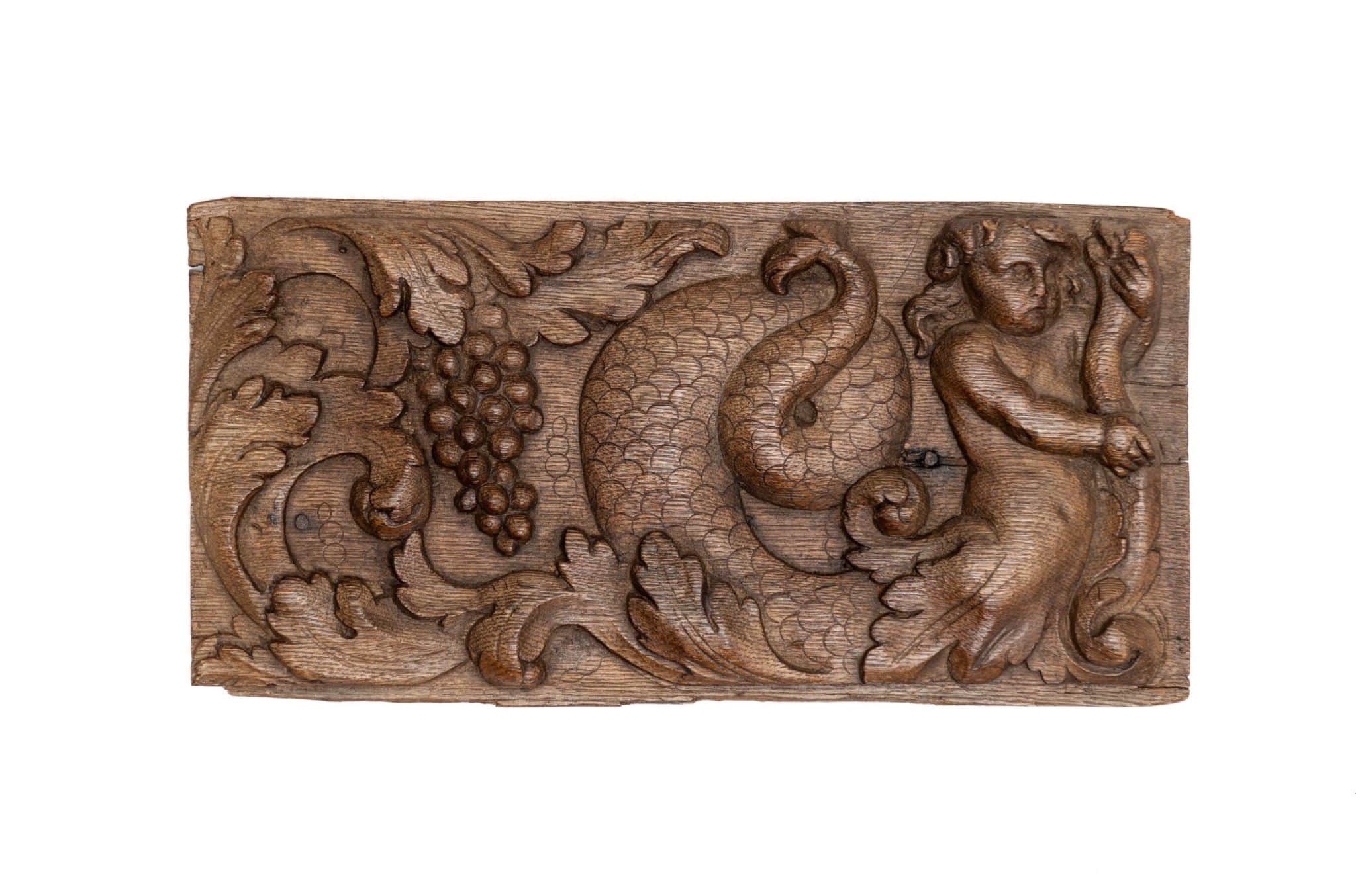 Dutch Carved Oak Panel of a Merman with Serpent and Grapes