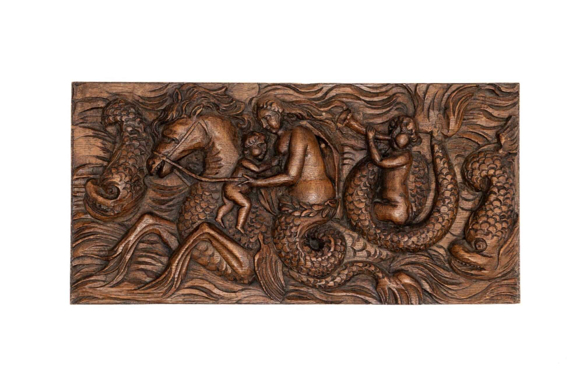 Dutch Carved Oak Panel of a Nereid and Hippocamp
