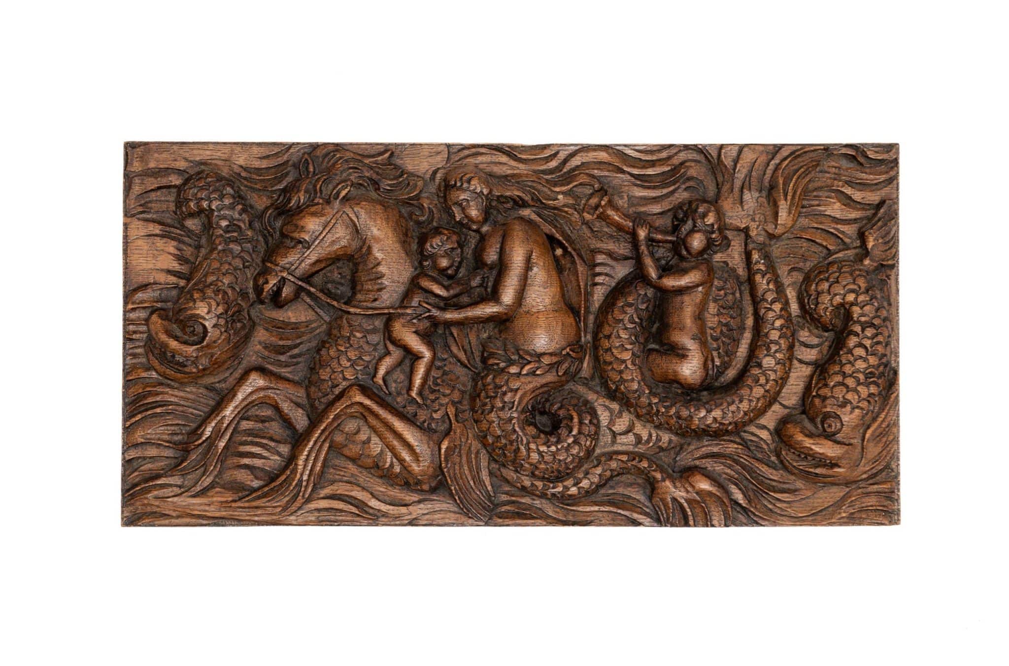 Dutch Carved Oak Panel of a Nereid and Hippocamp