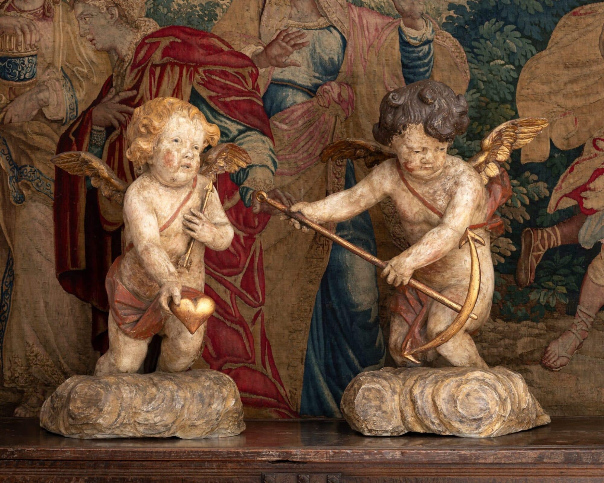 Monumental Pair of Polychromed and Gilded Angel Putti