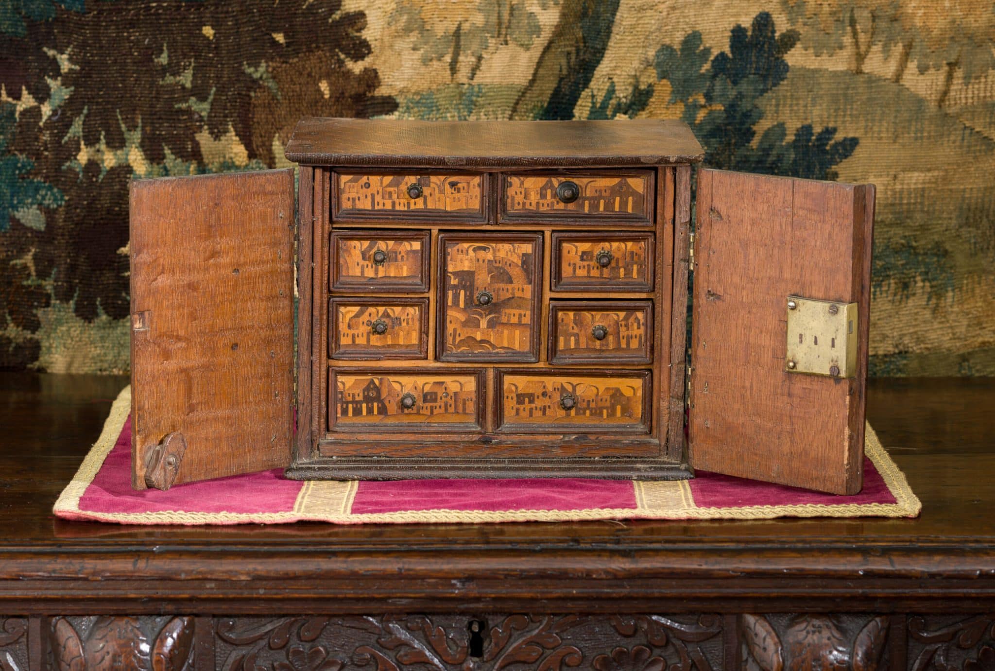 Elizabeth I inlaid oak cabinet of drawers