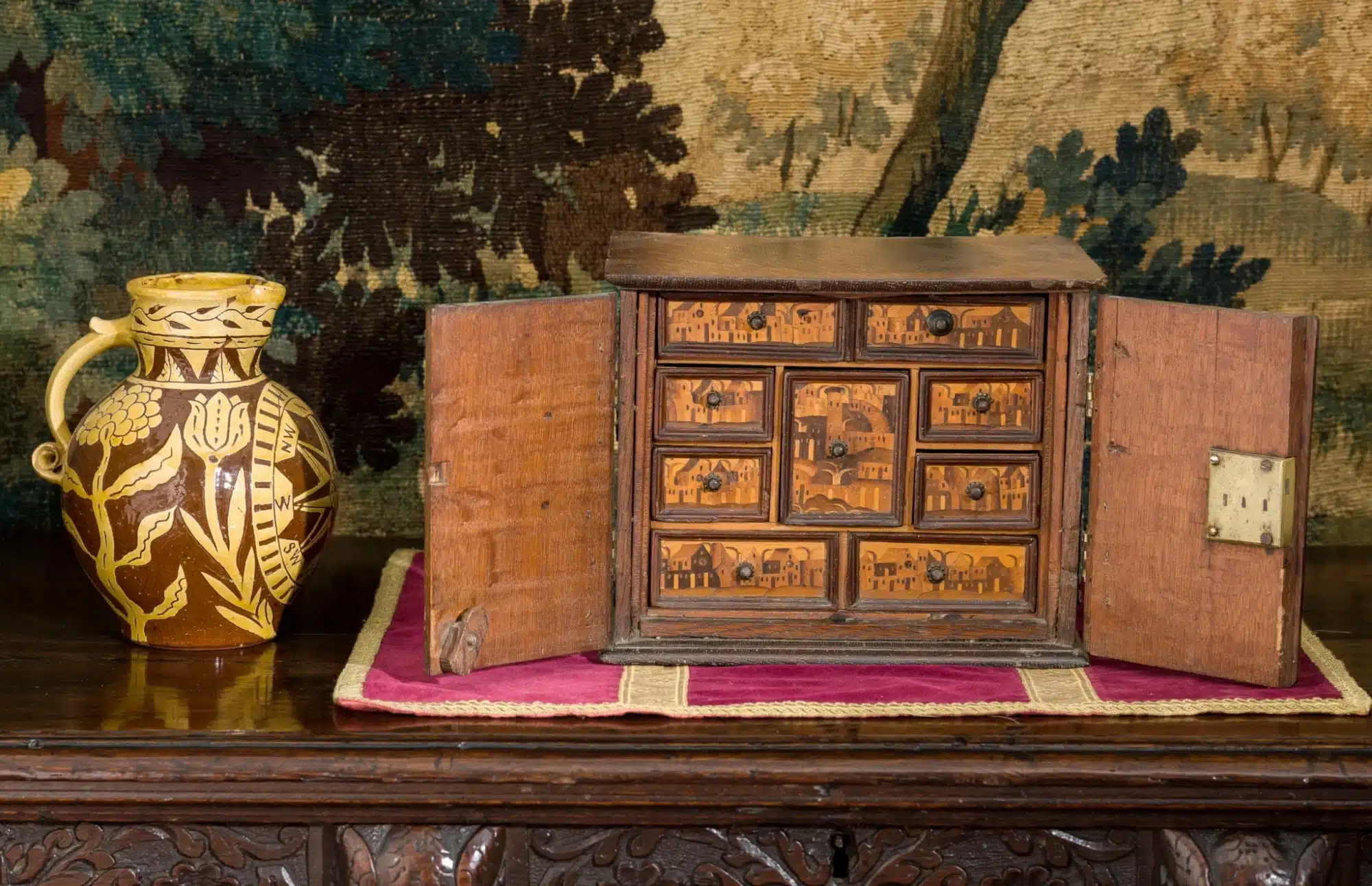 Elizabeth I inlaid oak cabinet of drawers