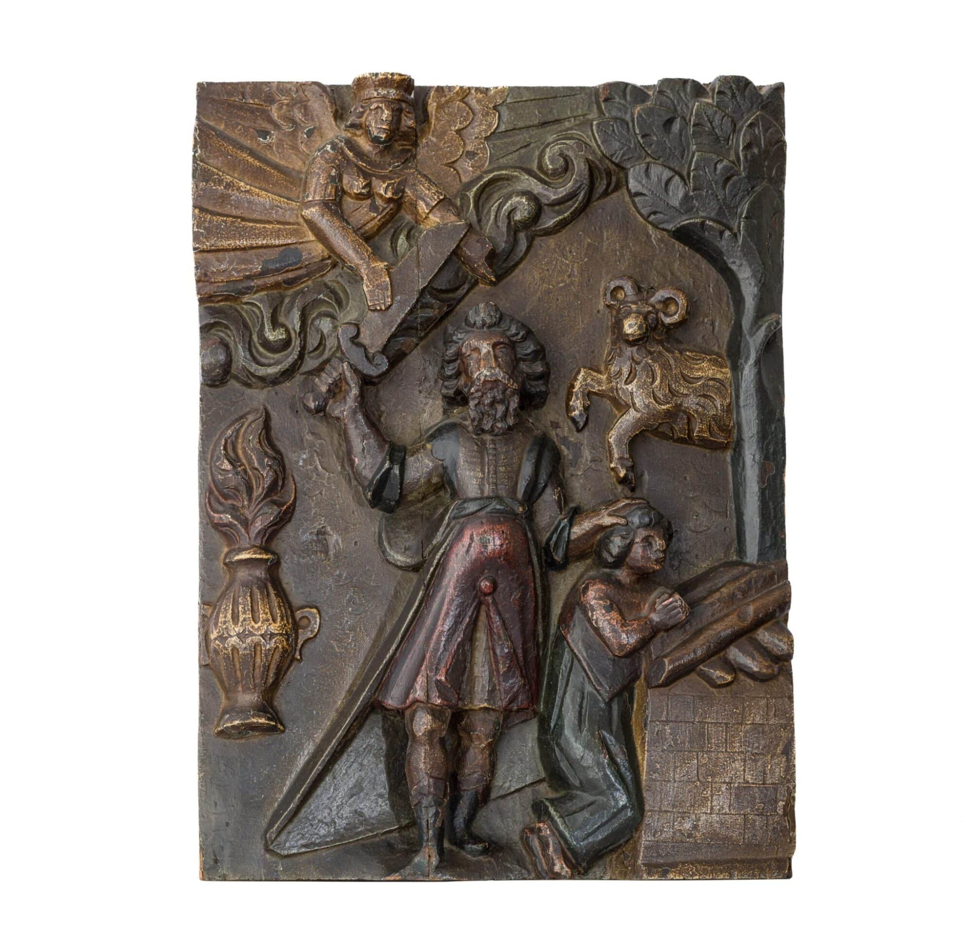 Elizabeth I Carved and Fully Polychromed Oak Panel Depicting the Sacrifice of Isaac