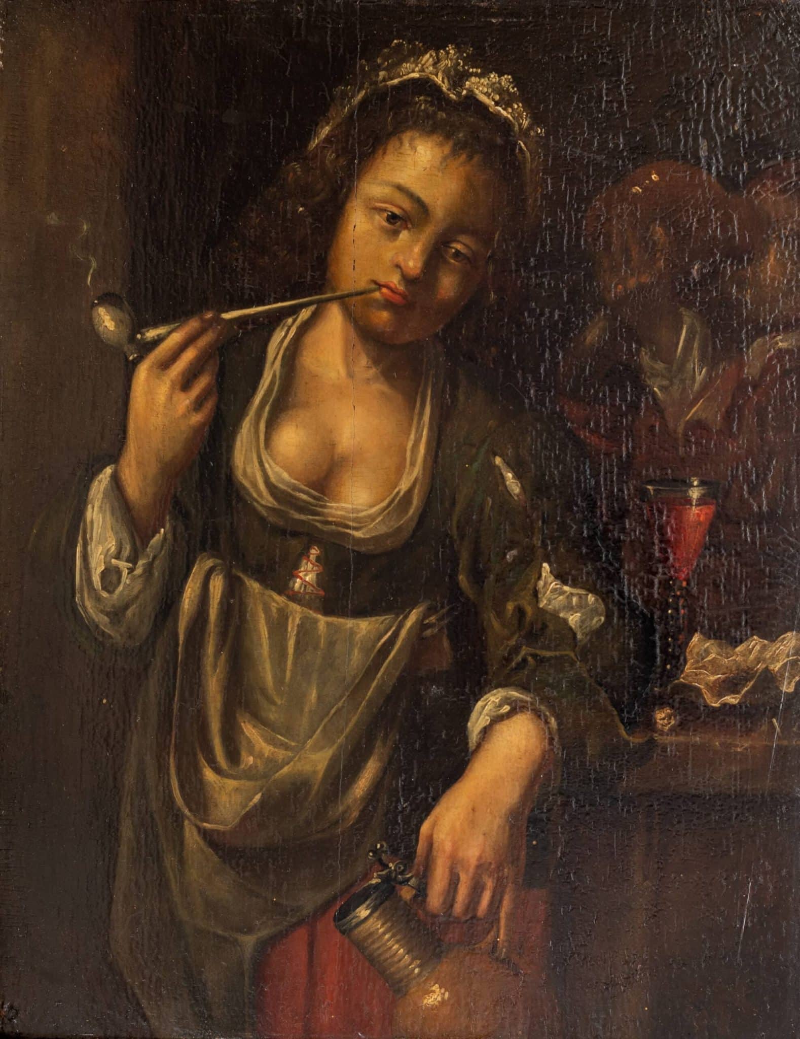 Dutch Golden Age Genre Painting of a Woman Smoking and Drinking