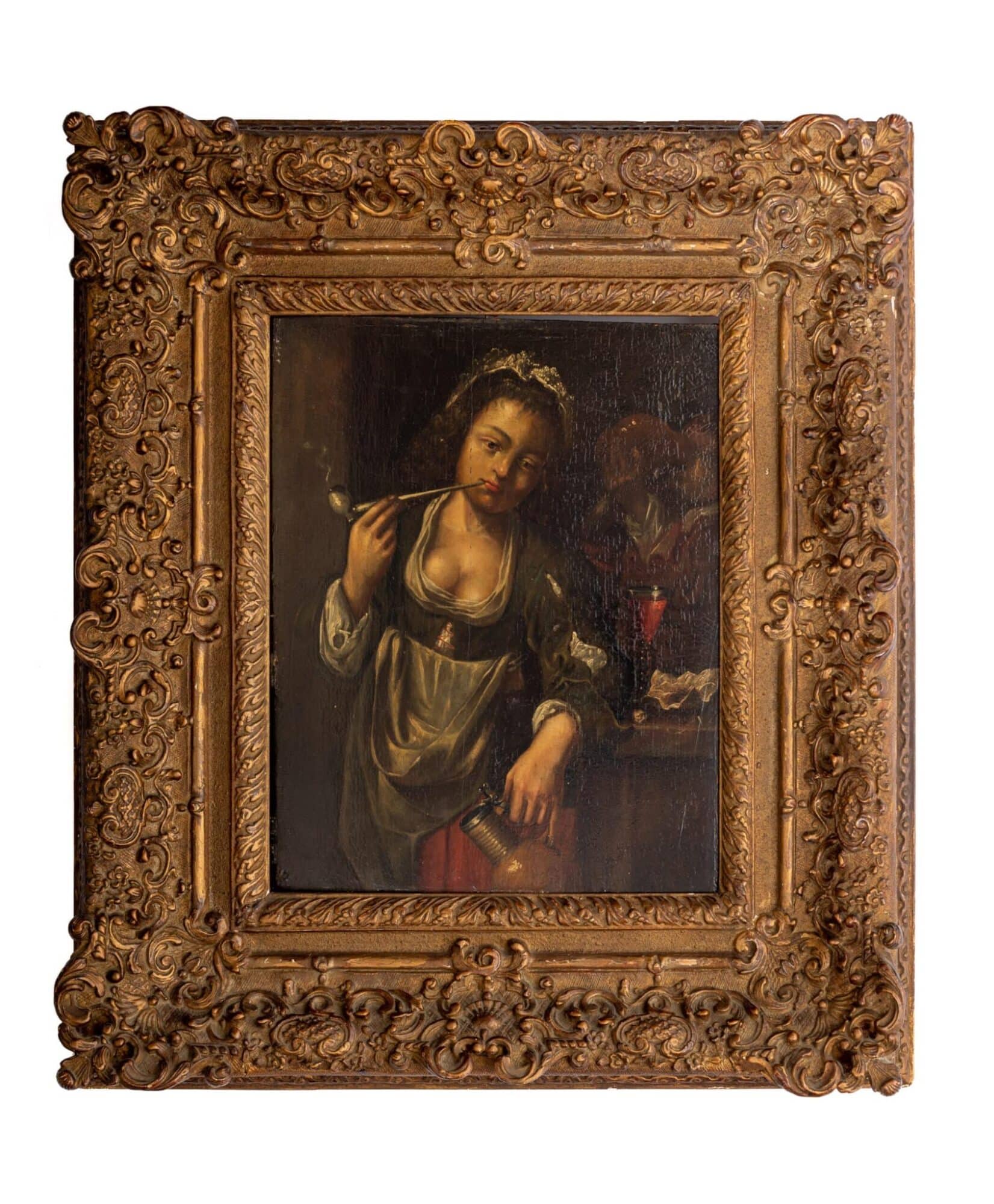 Dutch Golden Age Genre Painting of a Woman Smoking and Drinking