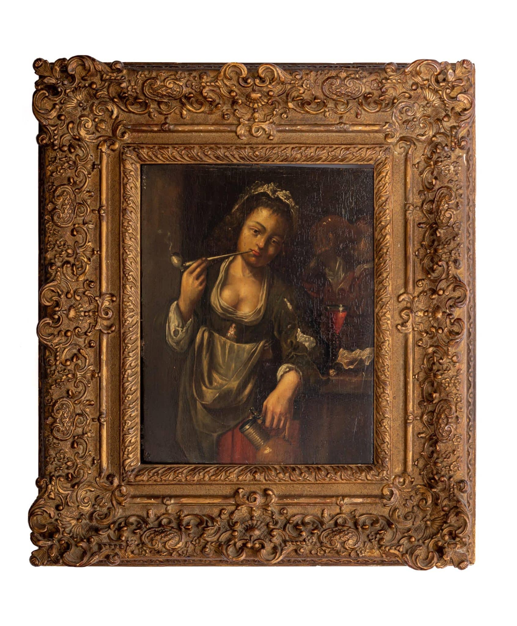 Dutch Golden Age Genre Painting of a Woman Smoking and Drinking