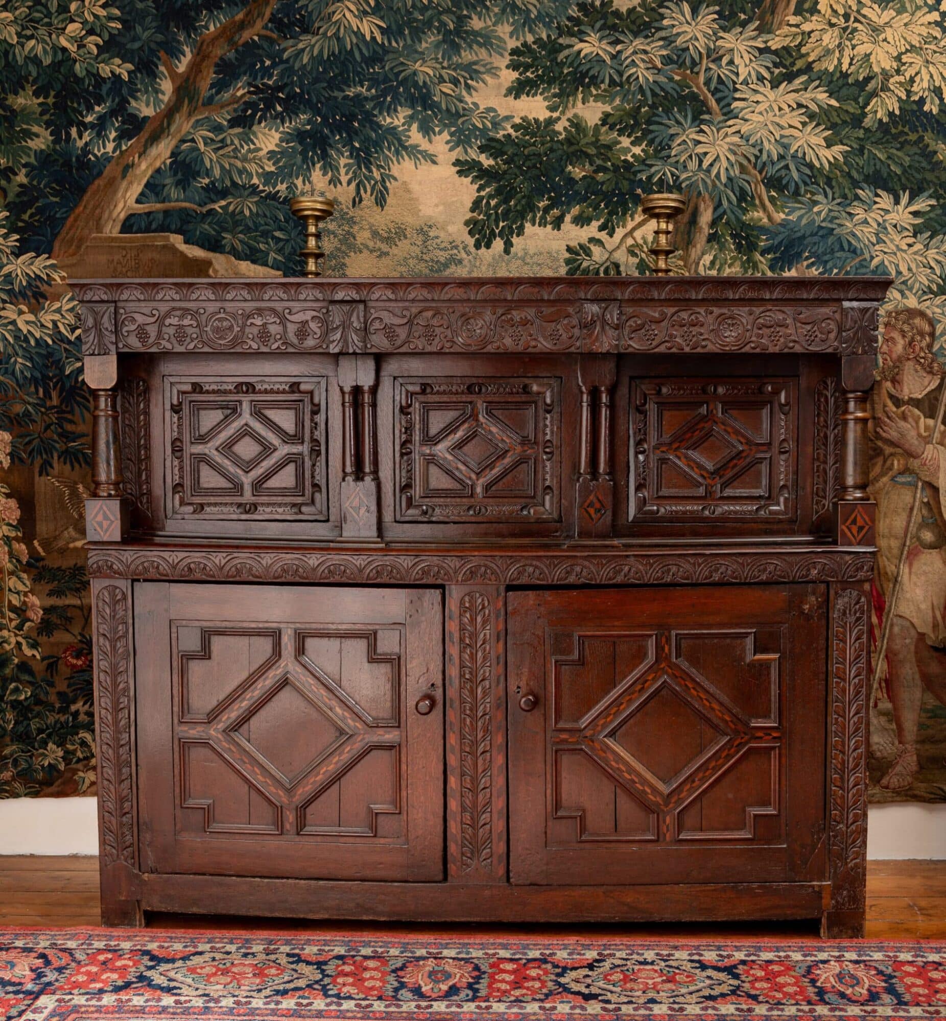 Charles I oak carved and inlaid press cupboard