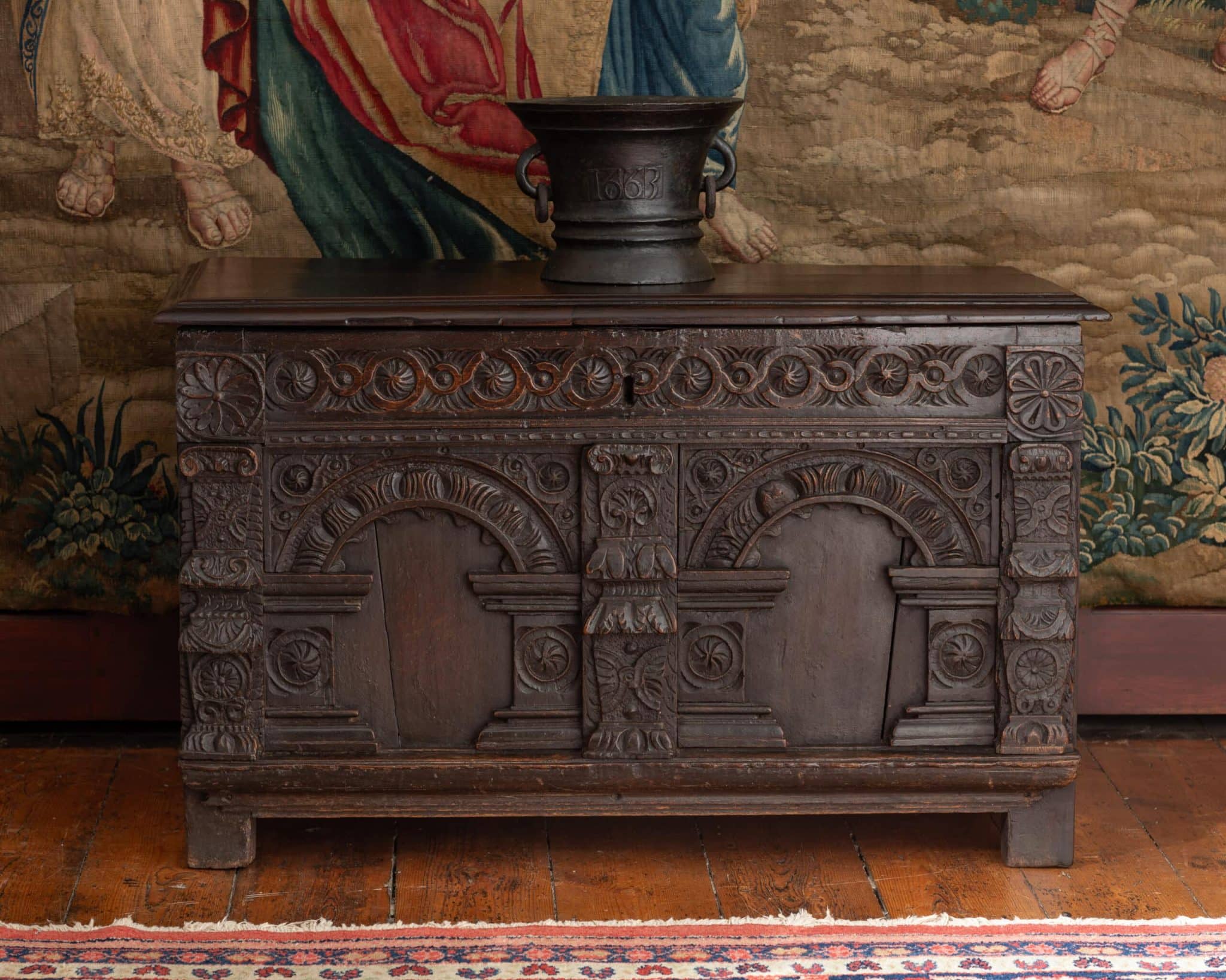 Elizabeth I West Country Joined Oak Chest with Renaissance Ornament