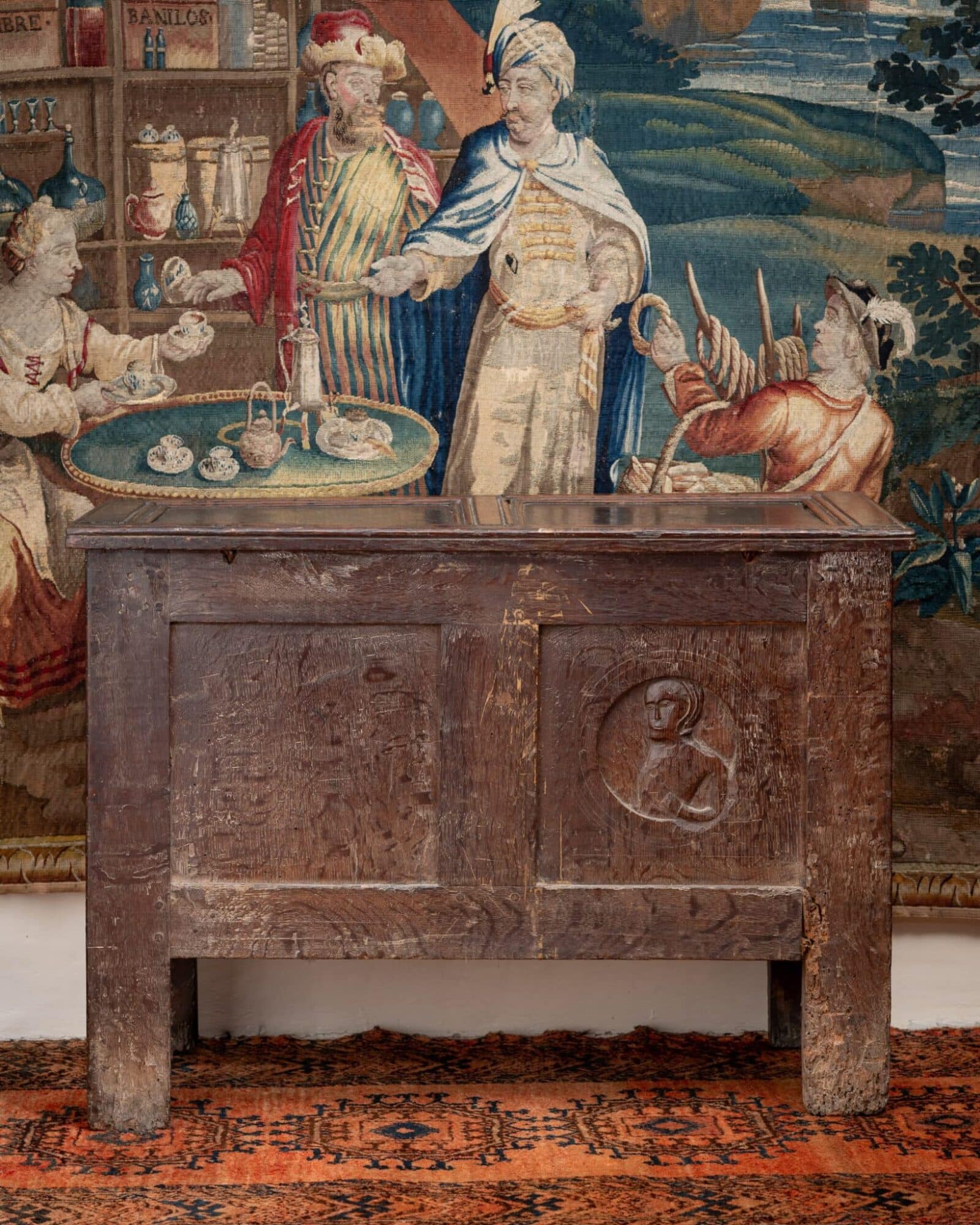 Henry VIII Joined Oak Chest with Floral Panels and Portrait Roundel