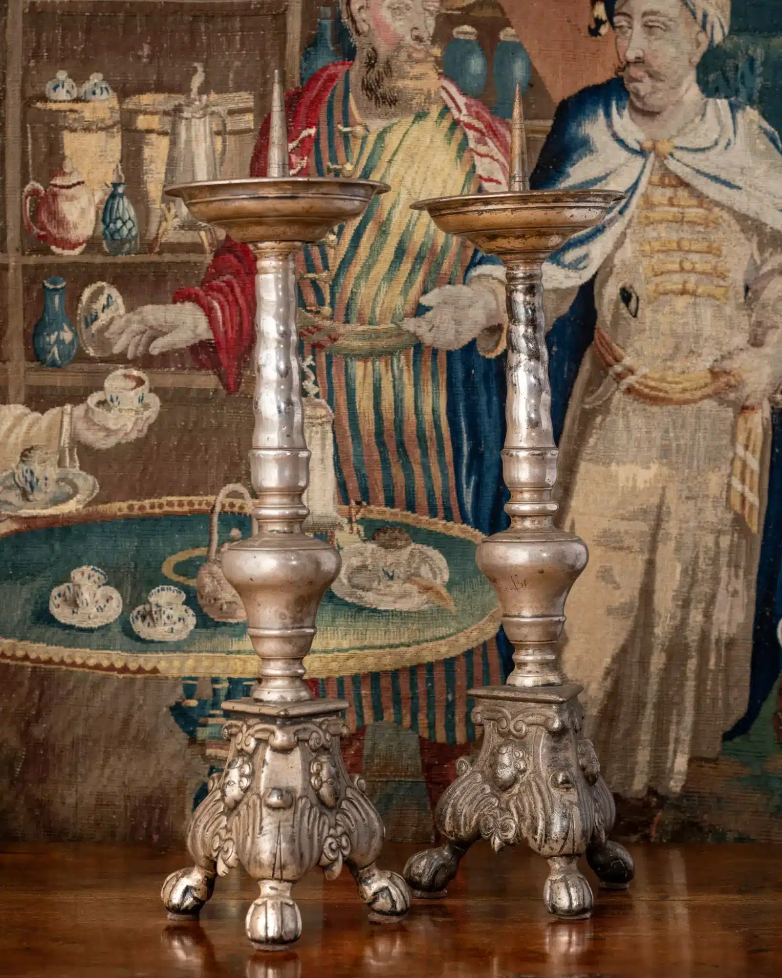Pair of Silvered Bronze Pricket Candlesticks
