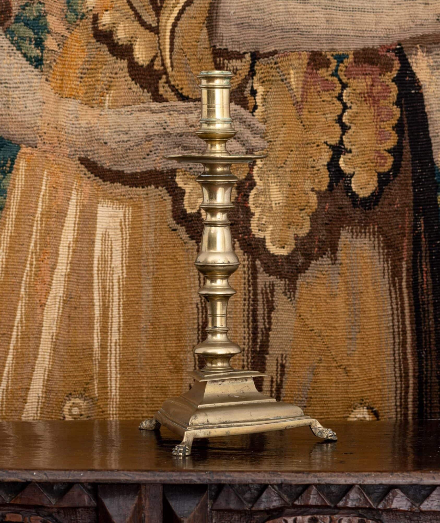 Italian Brass Tripod Pricket Candlestick with Lion Paw Feet
