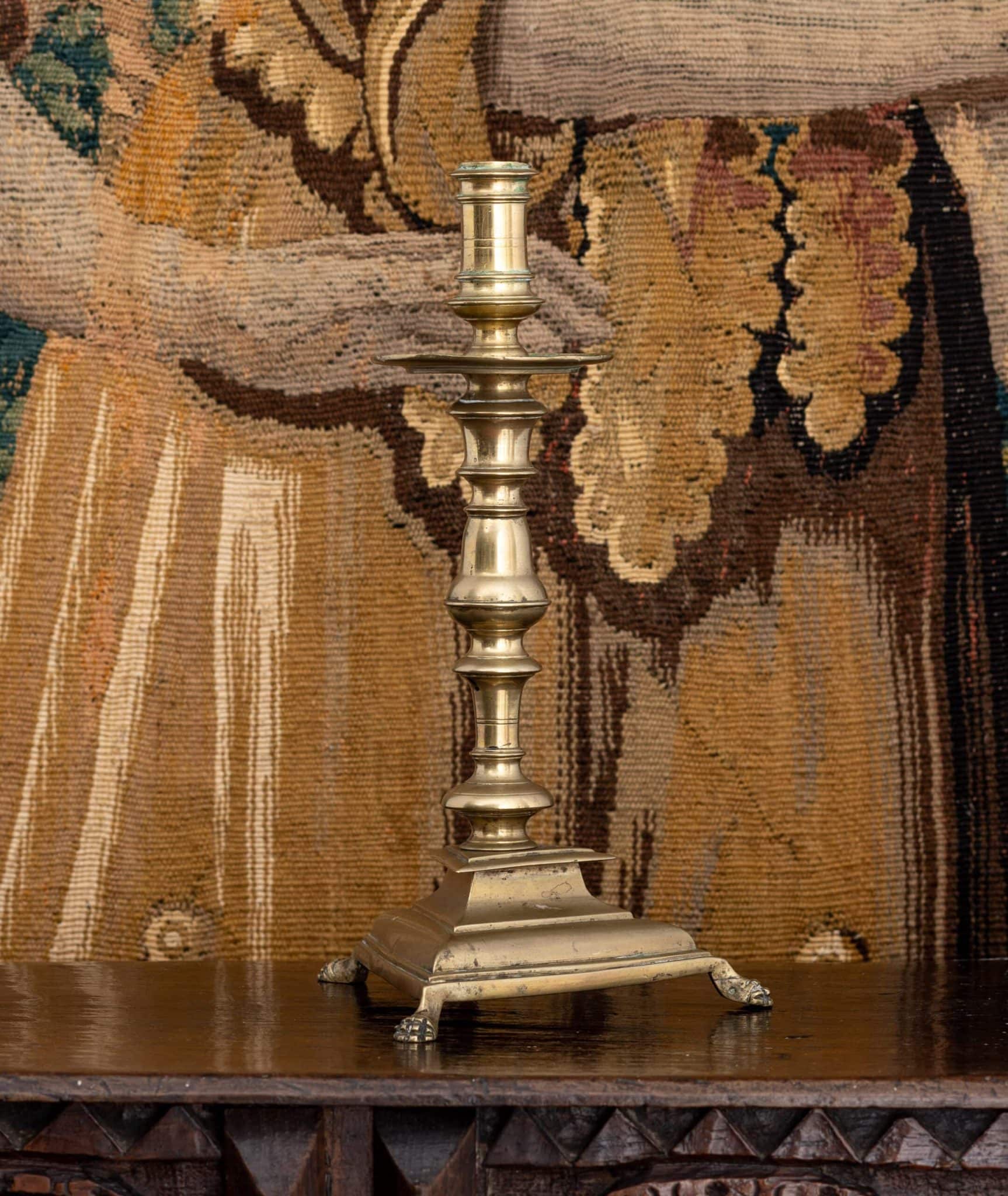 Italian Brass Tripod Pricket Candlestick with Lion Paw Feet