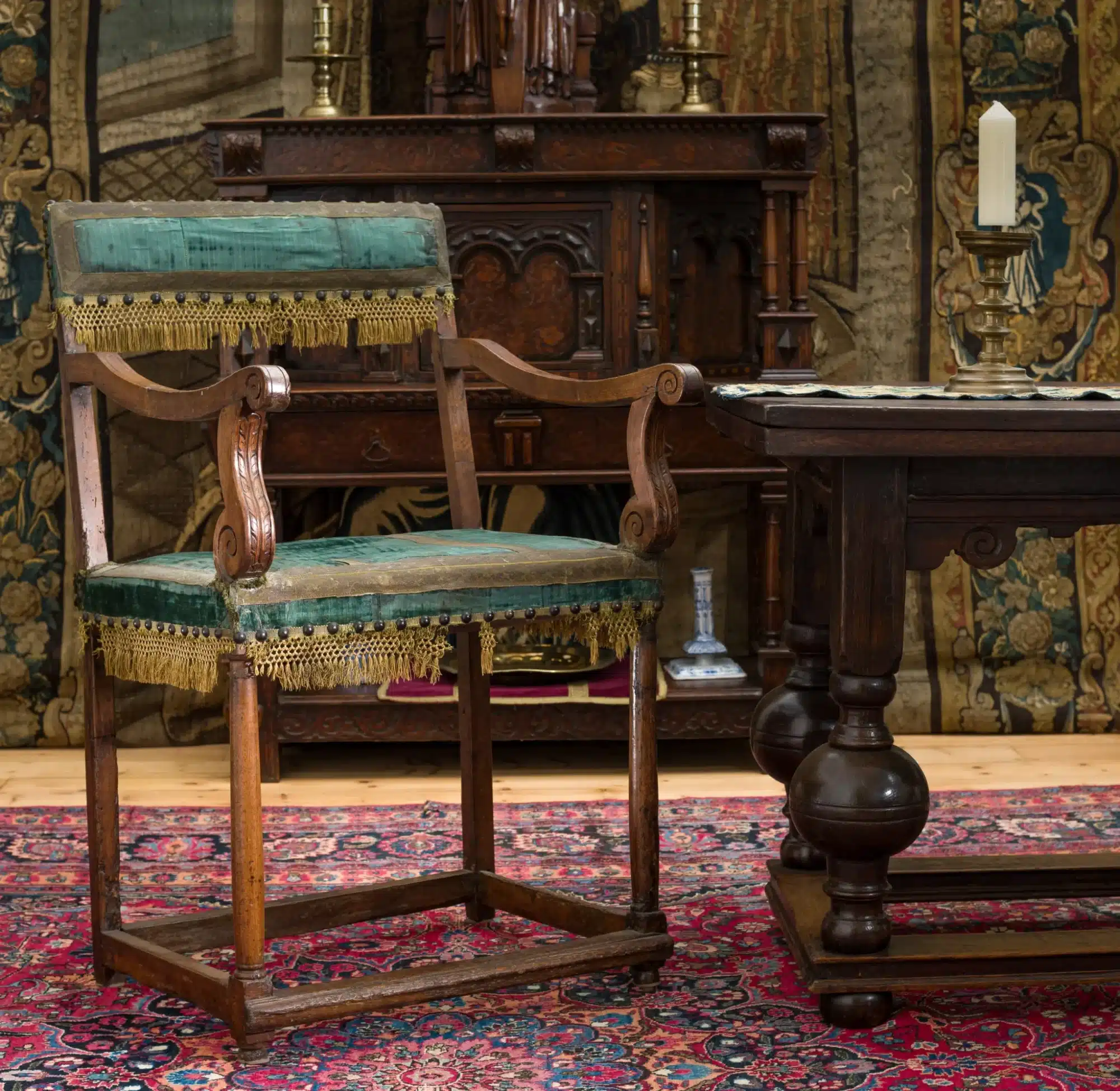 French Renaissance walnut armchair with stamped insignia