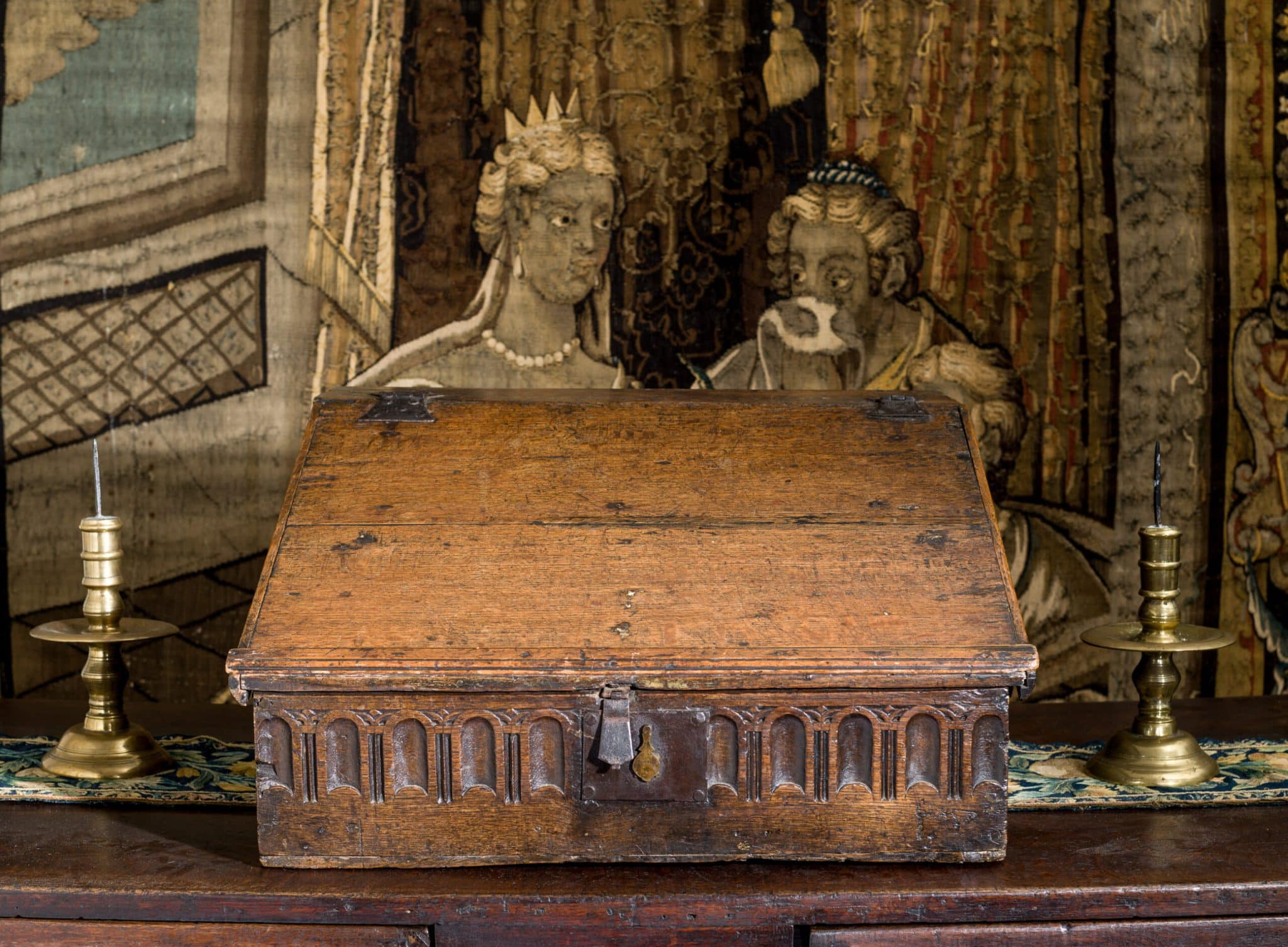 Elizabeth I oak carved desk box