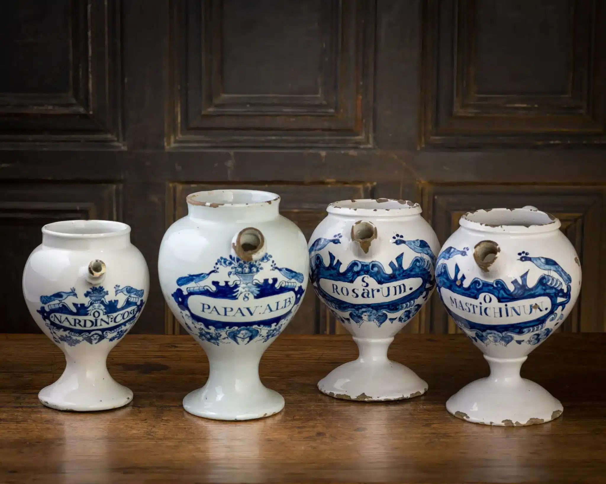 Set of Four Blue-and-White Apothecary Syrup Jars