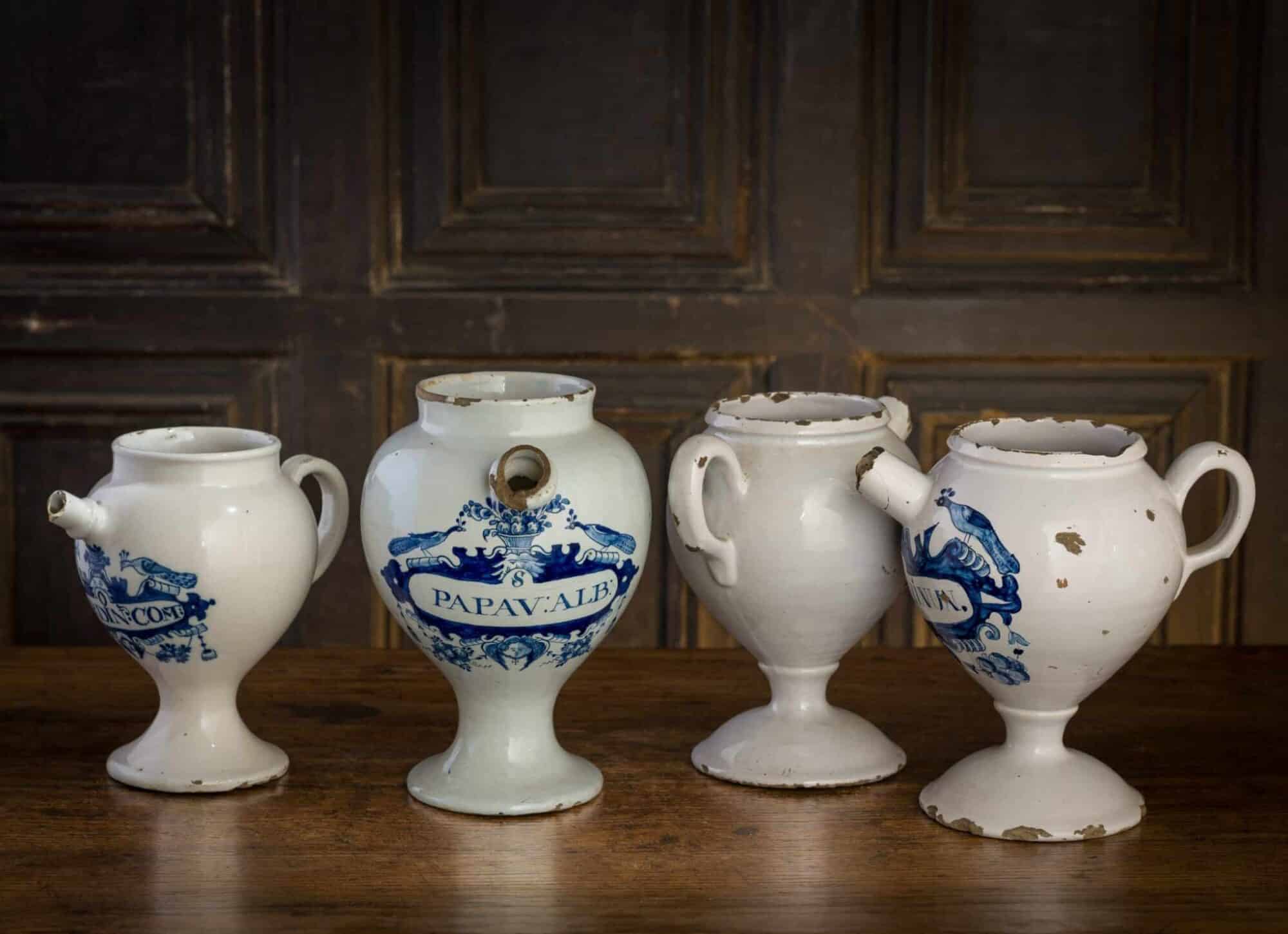Set of Four Blue-and-White Apothecary Syrup Jars