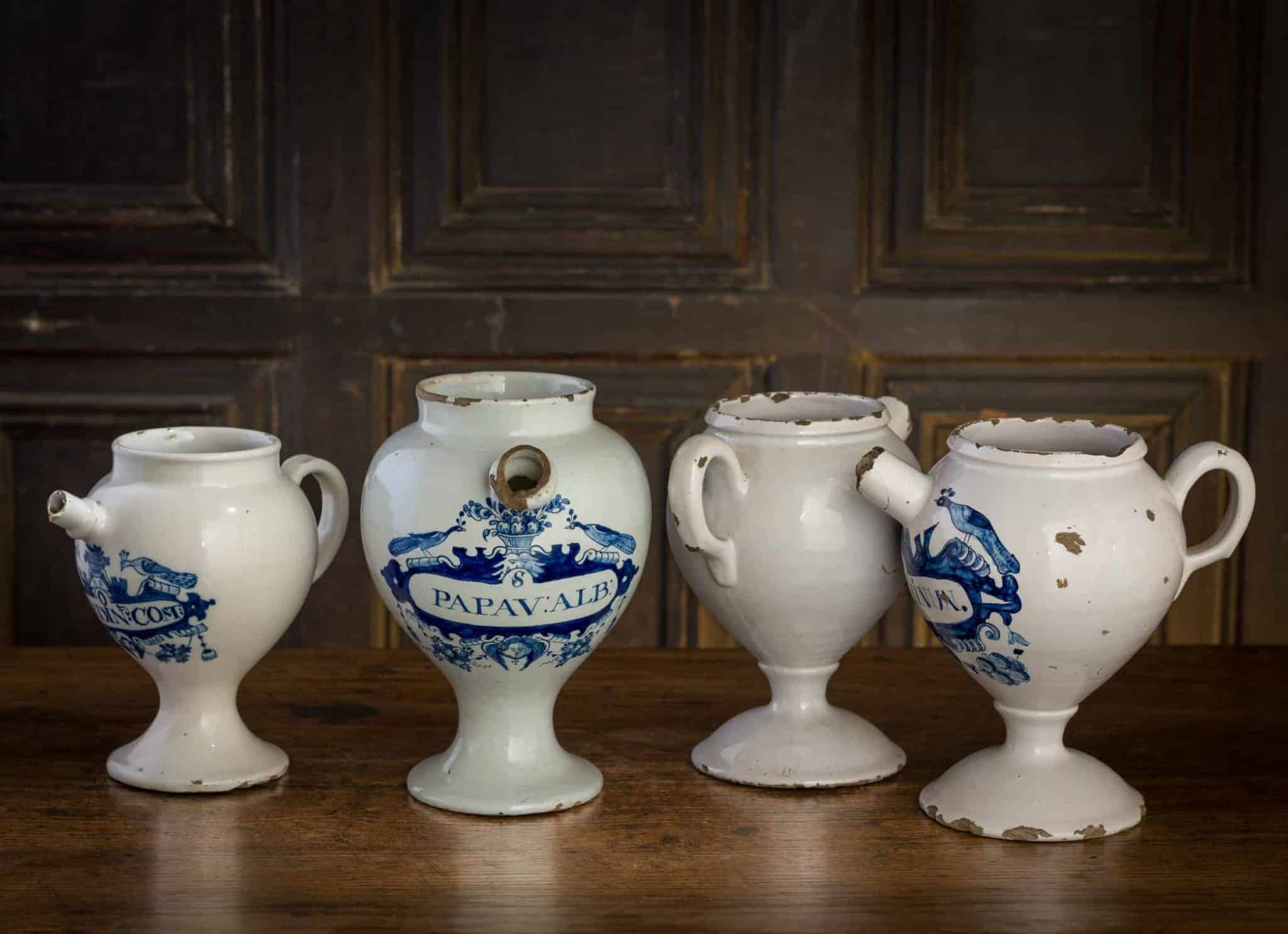 Set of Four Blue-and-White Apothecary Syrup Jars