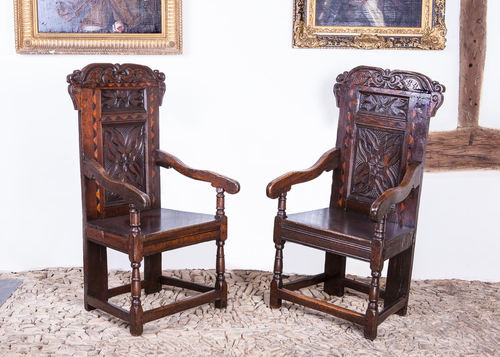 Pair Charles II oak inlaid armchairs