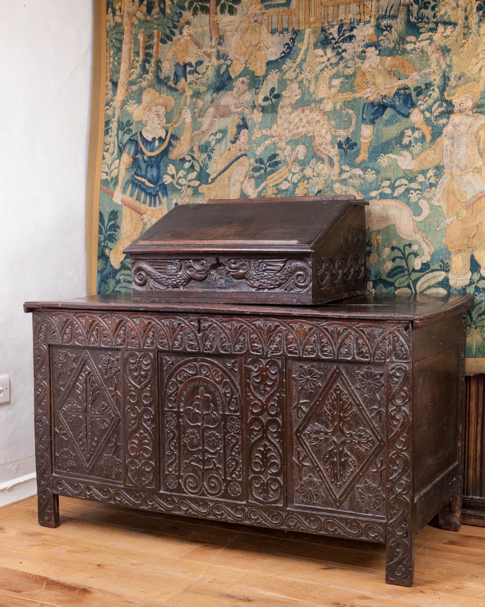 Charles I oak carved desk box