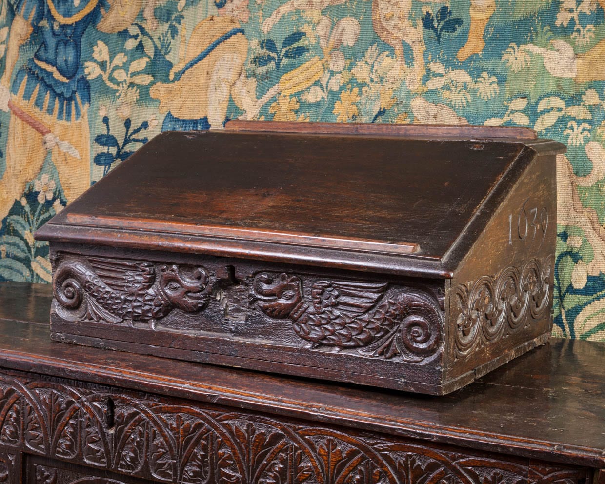 Charles I oak carved desk box