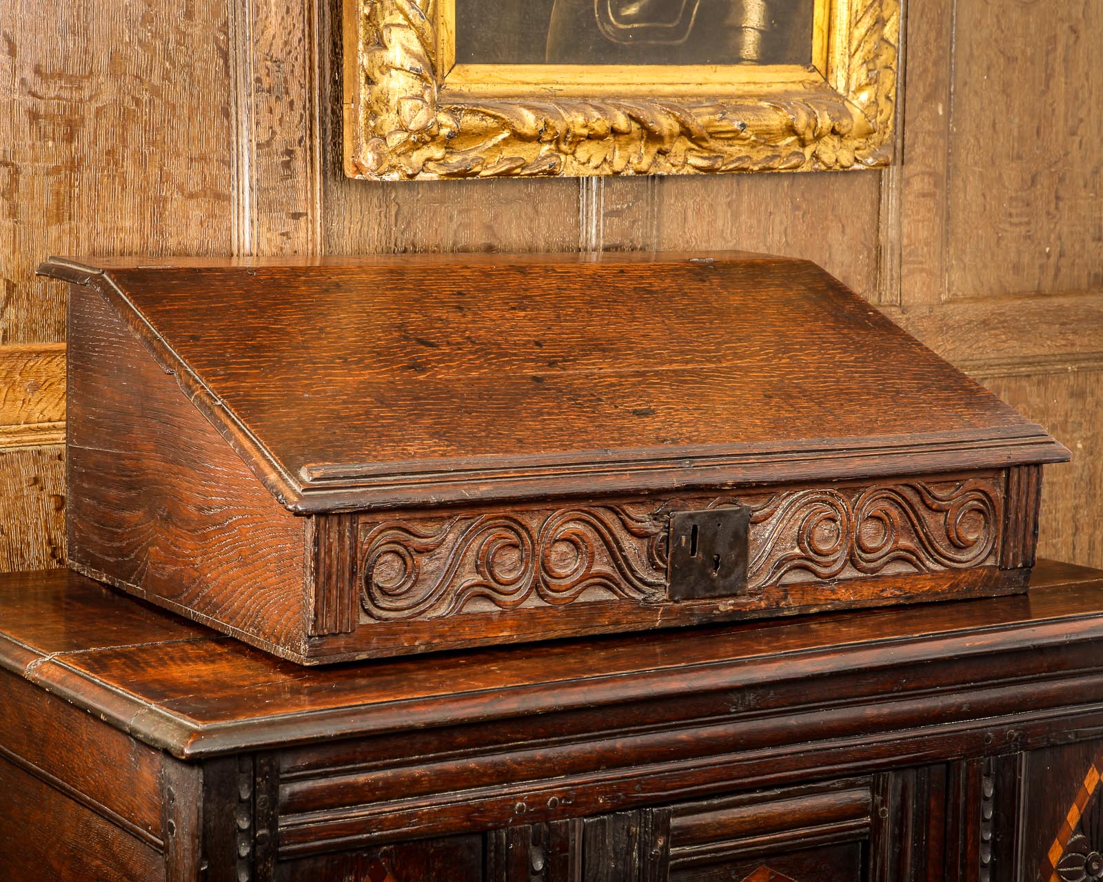 17th century carved oak writing slope