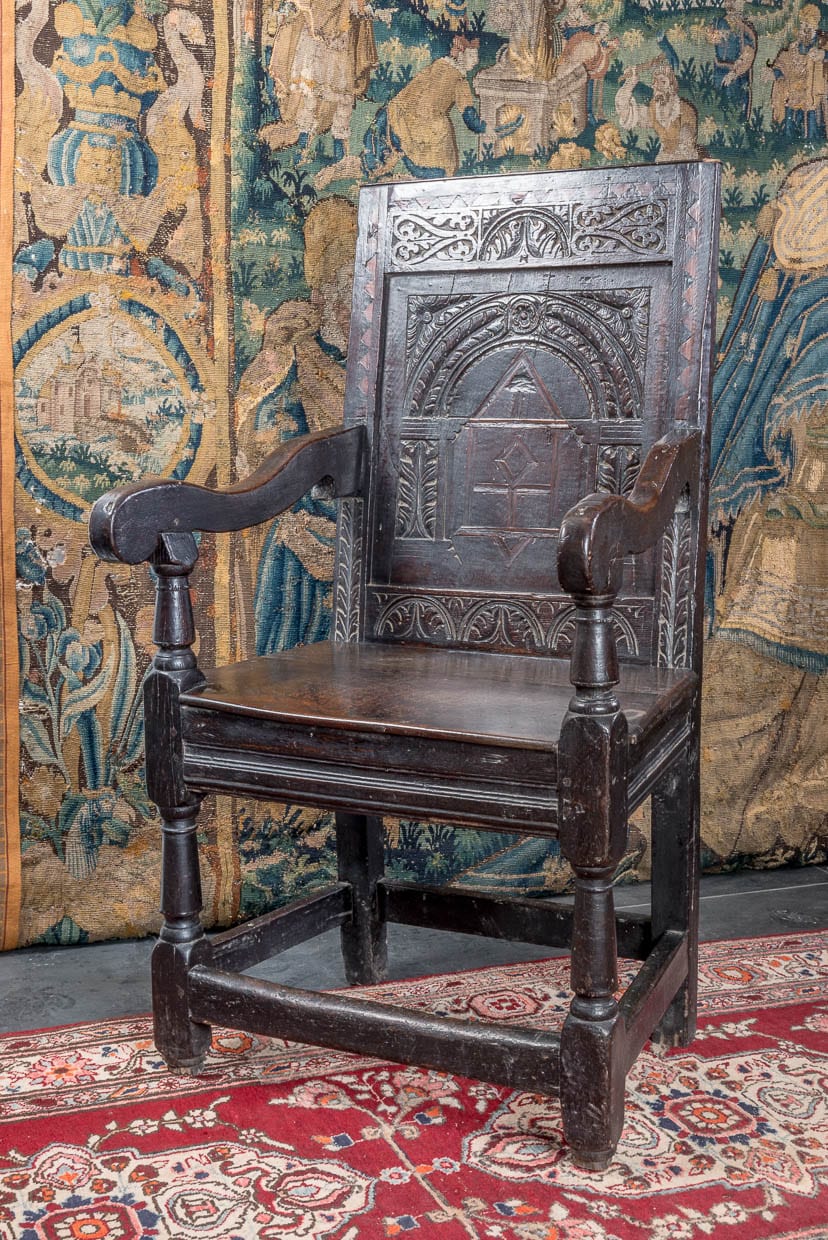 James I oak carved and inlaid armchair