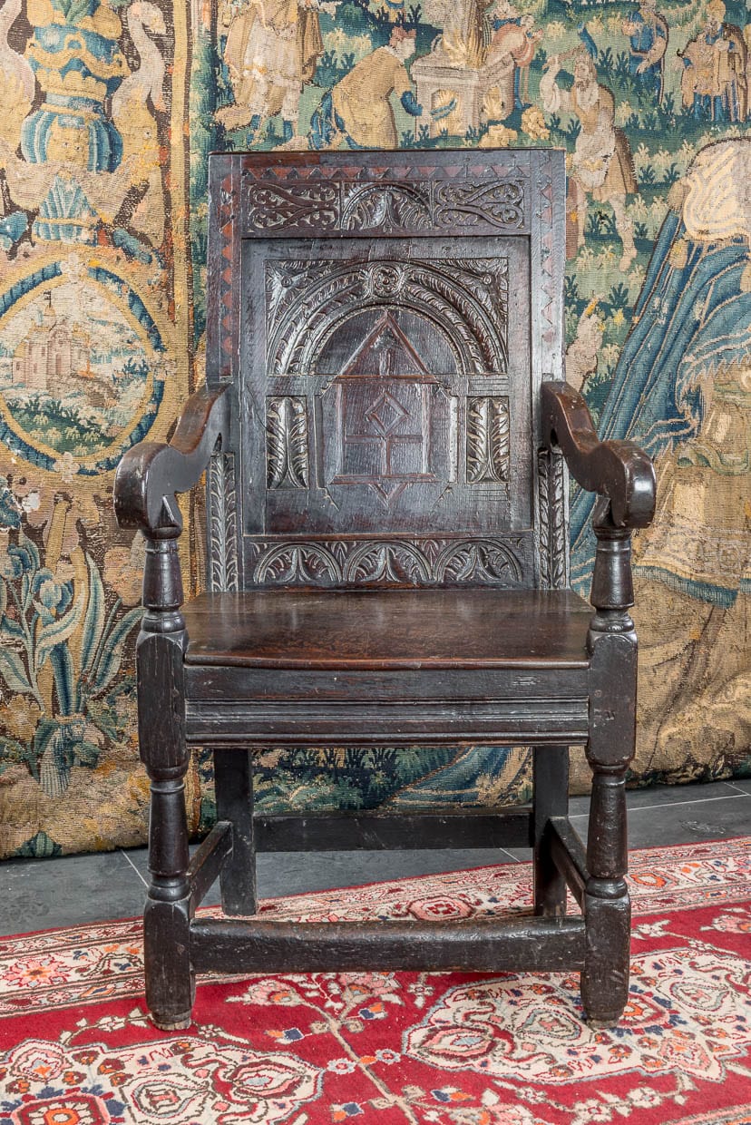 James I oak carved and inlaid armchair