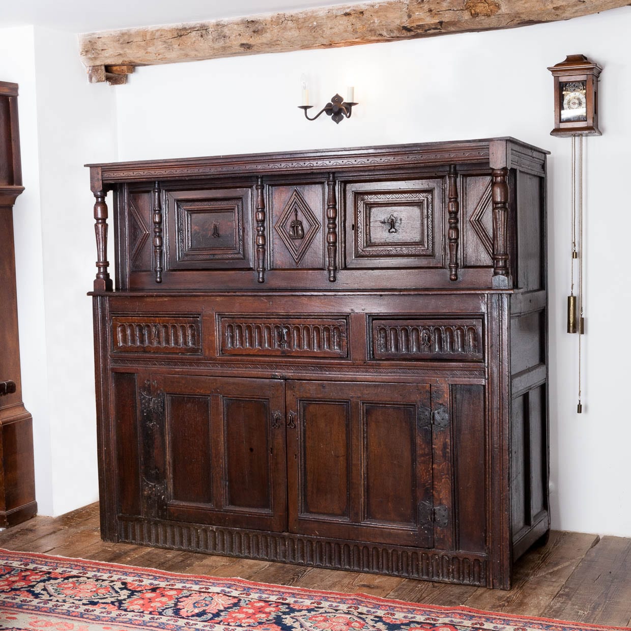 James I oak carved press cupboard