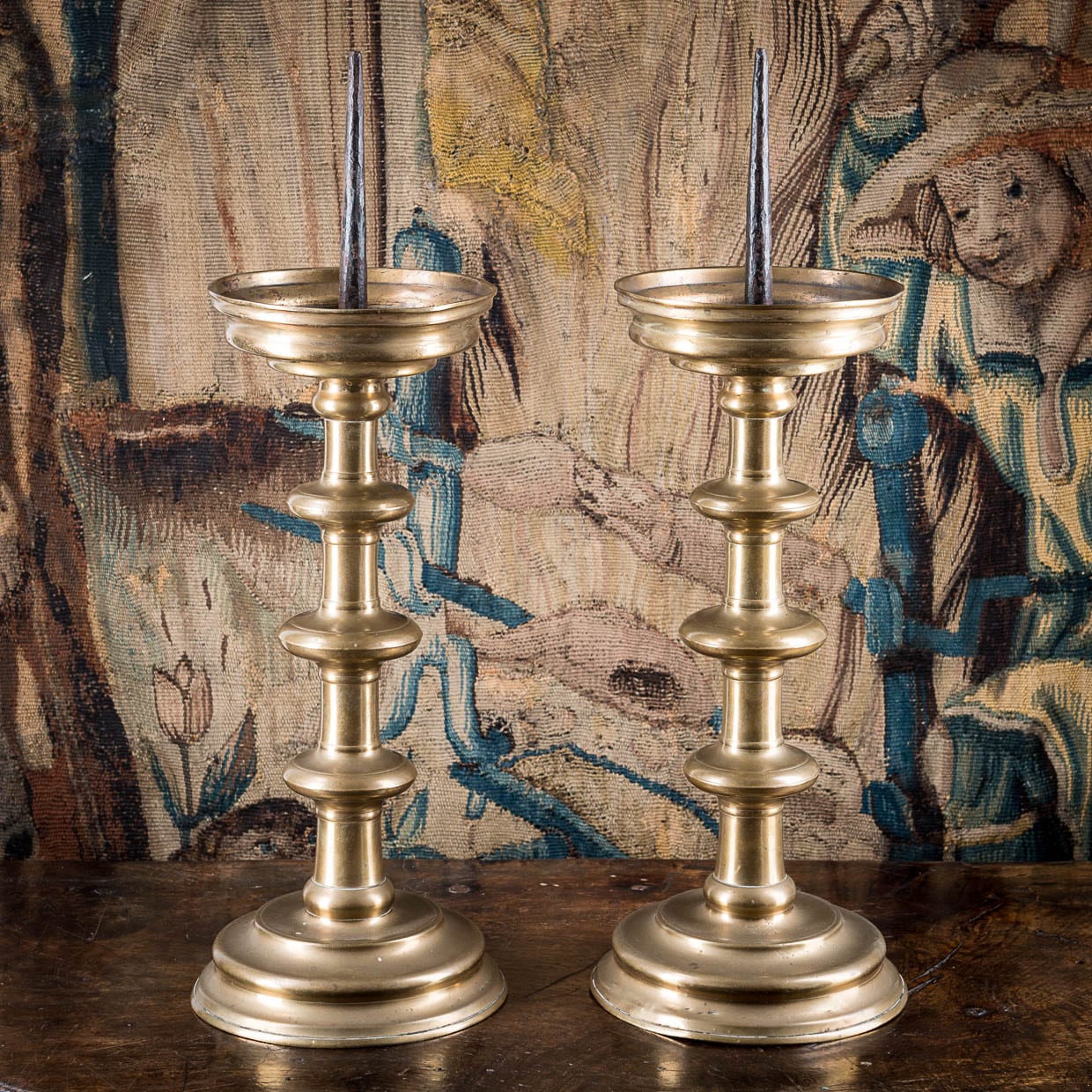 Late Gothic brass pricket candlesticks