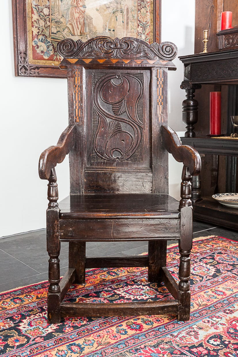 Charles II inlaid oak armchair