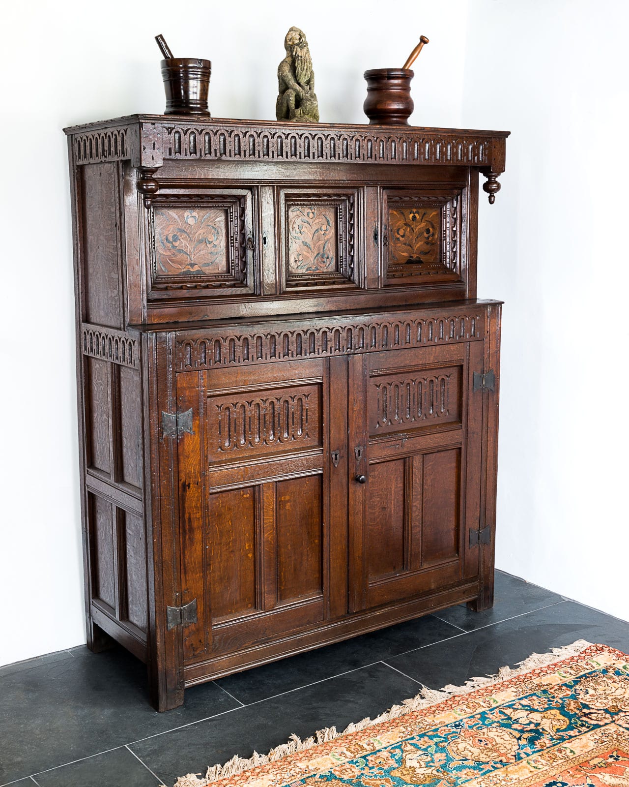 James I inlaid oak press cupboard