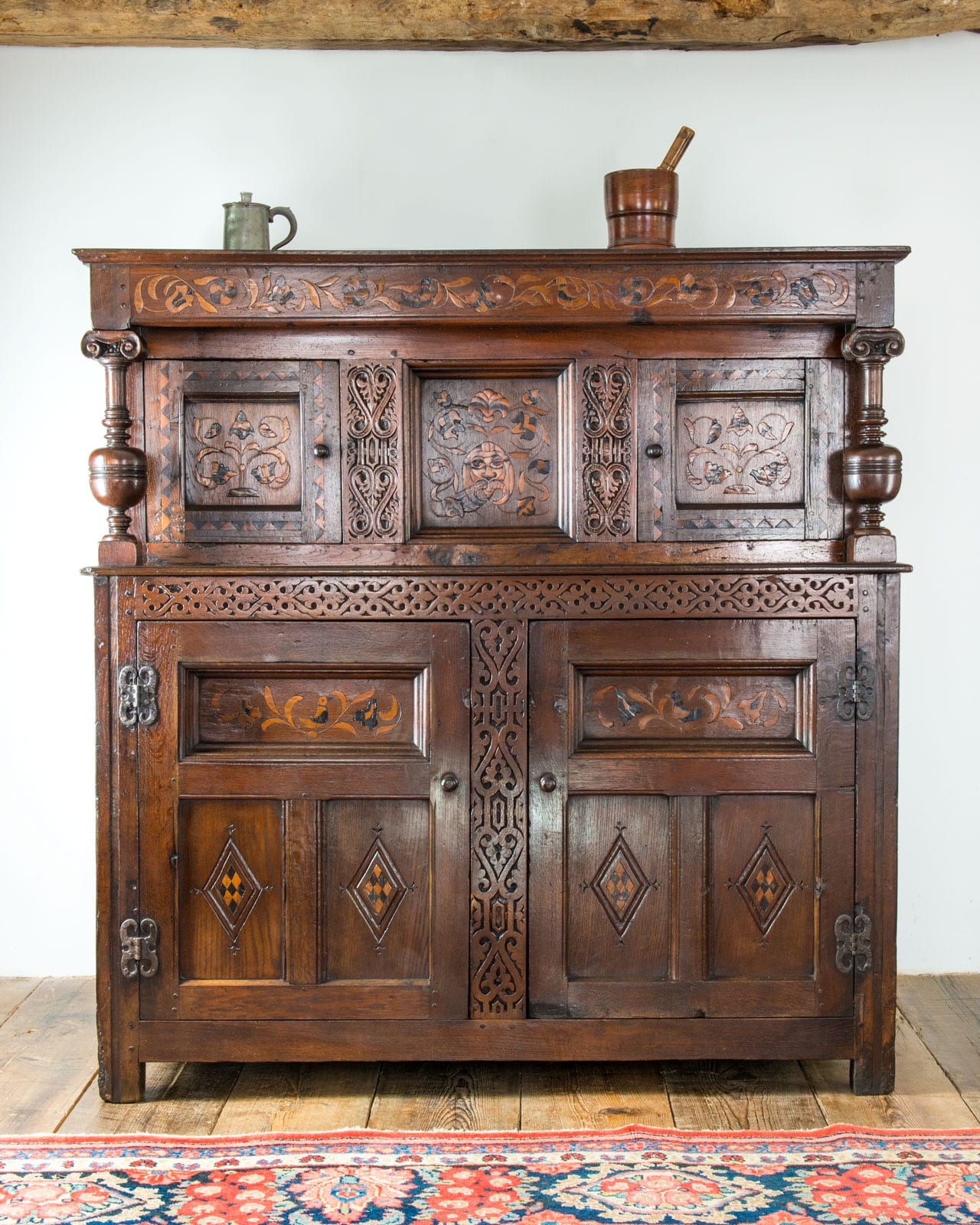 James I inlaid oak press cupboard